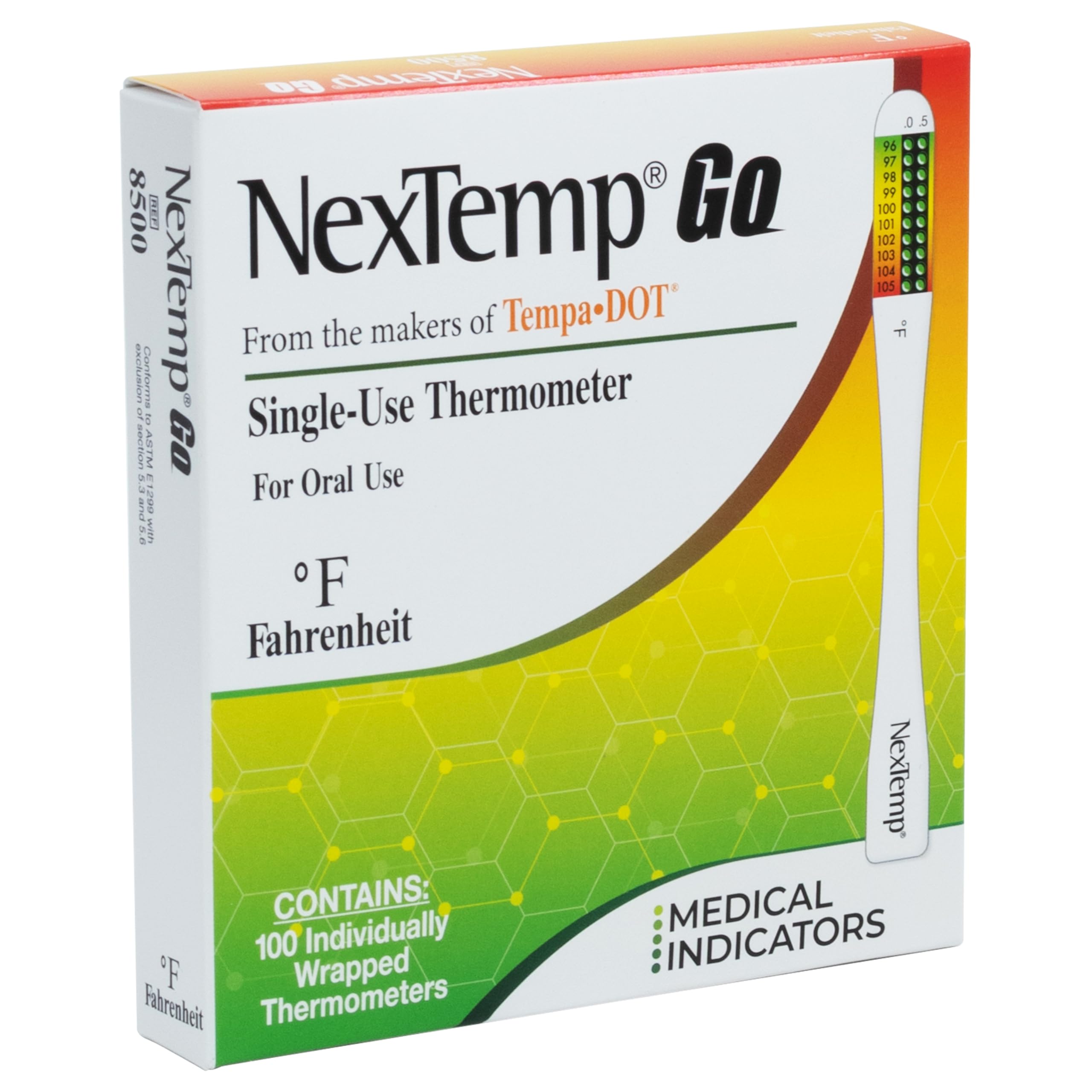NexTemp Go - Termometro usa e getta (confezione da 100, Fahrenheit), termometro orale per adulti, monouso, senza batteria, igienico, letture accurate in 10 secondi, per casa e viaggio