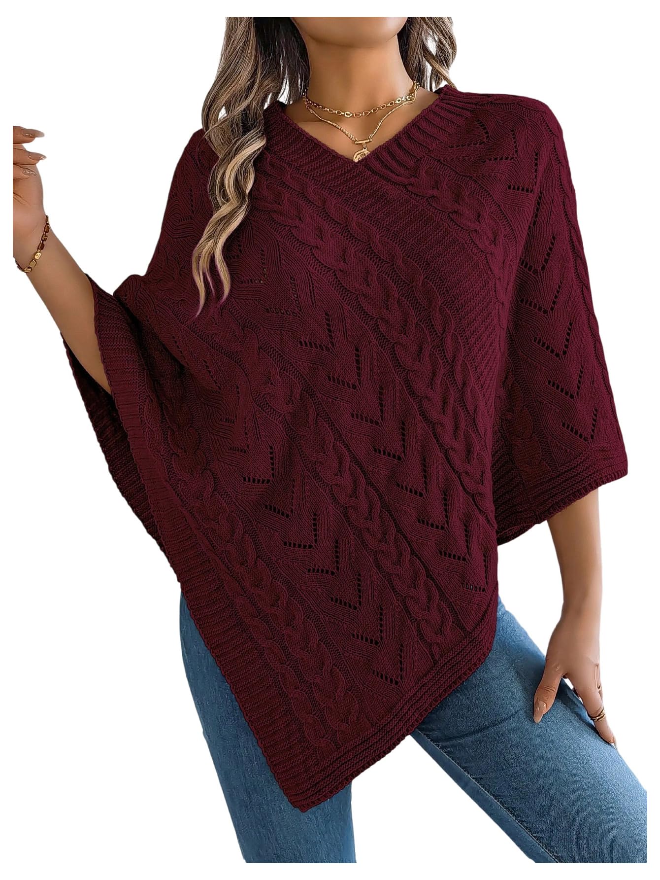 Womens Poncho Sweater Hollow Out Cable Knit Asymmetrical Fall Sweater