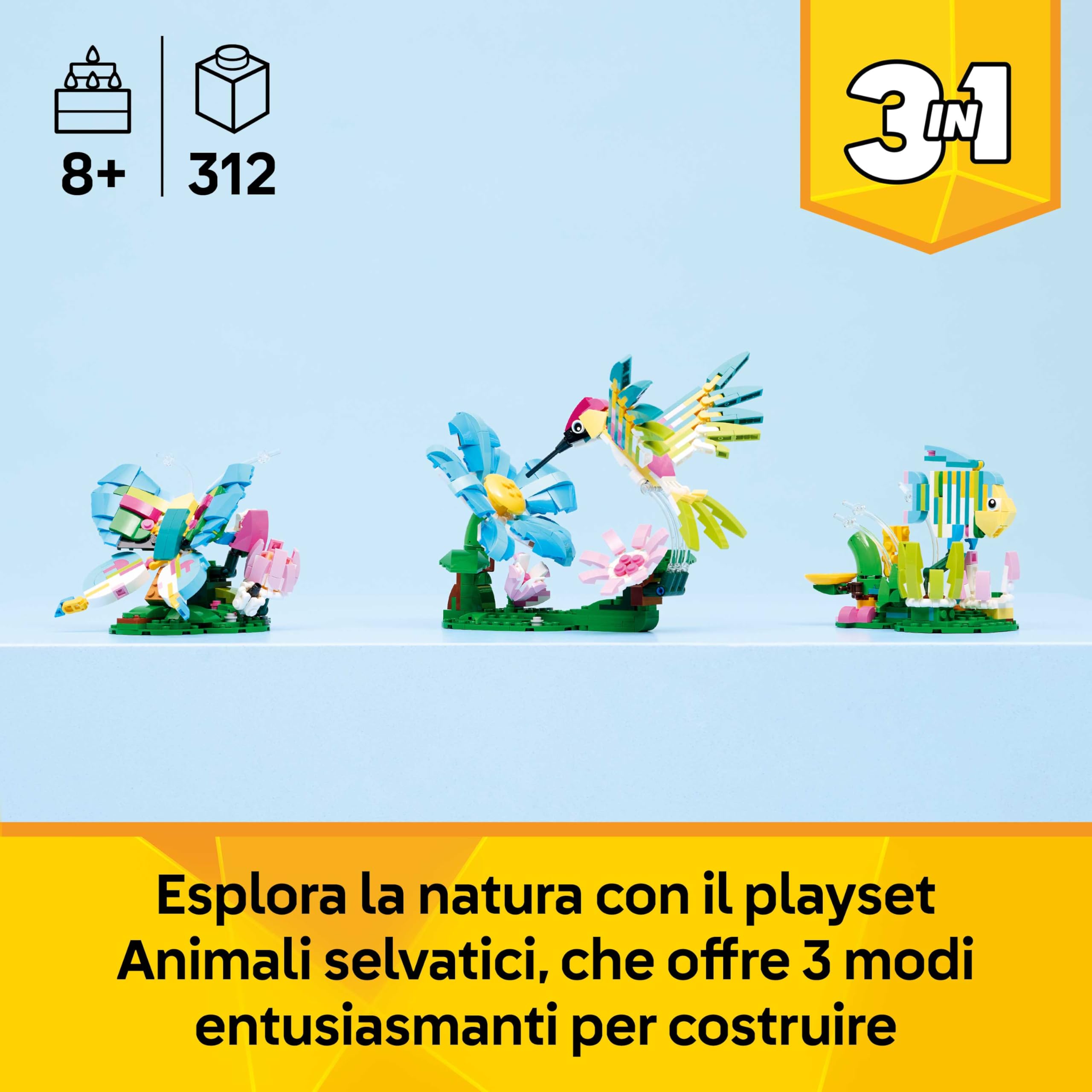 LEGO Creator 3in1 Wild Animals: Colourful Hummingbird - Bird Toy Transforms into a Butterfly or Fish Figure - DIY Room Decor Idea - Creative Gift for 8+ Year Old Girls & Boys - 31384