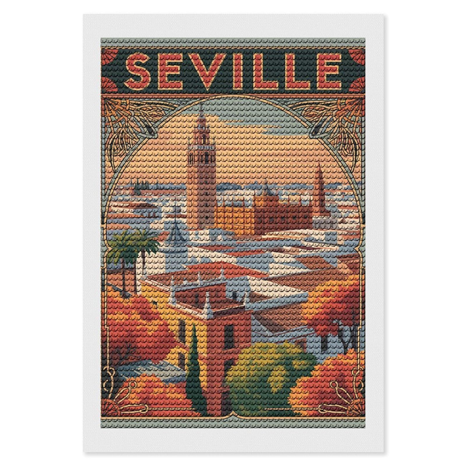 Junmoney Seville Cityscape Vintage Travel Diamond Painting Set 8"x12", Holiday Gift Idea, for Creative Relaxation, Fun Craft Experience, Vintage Style Decor