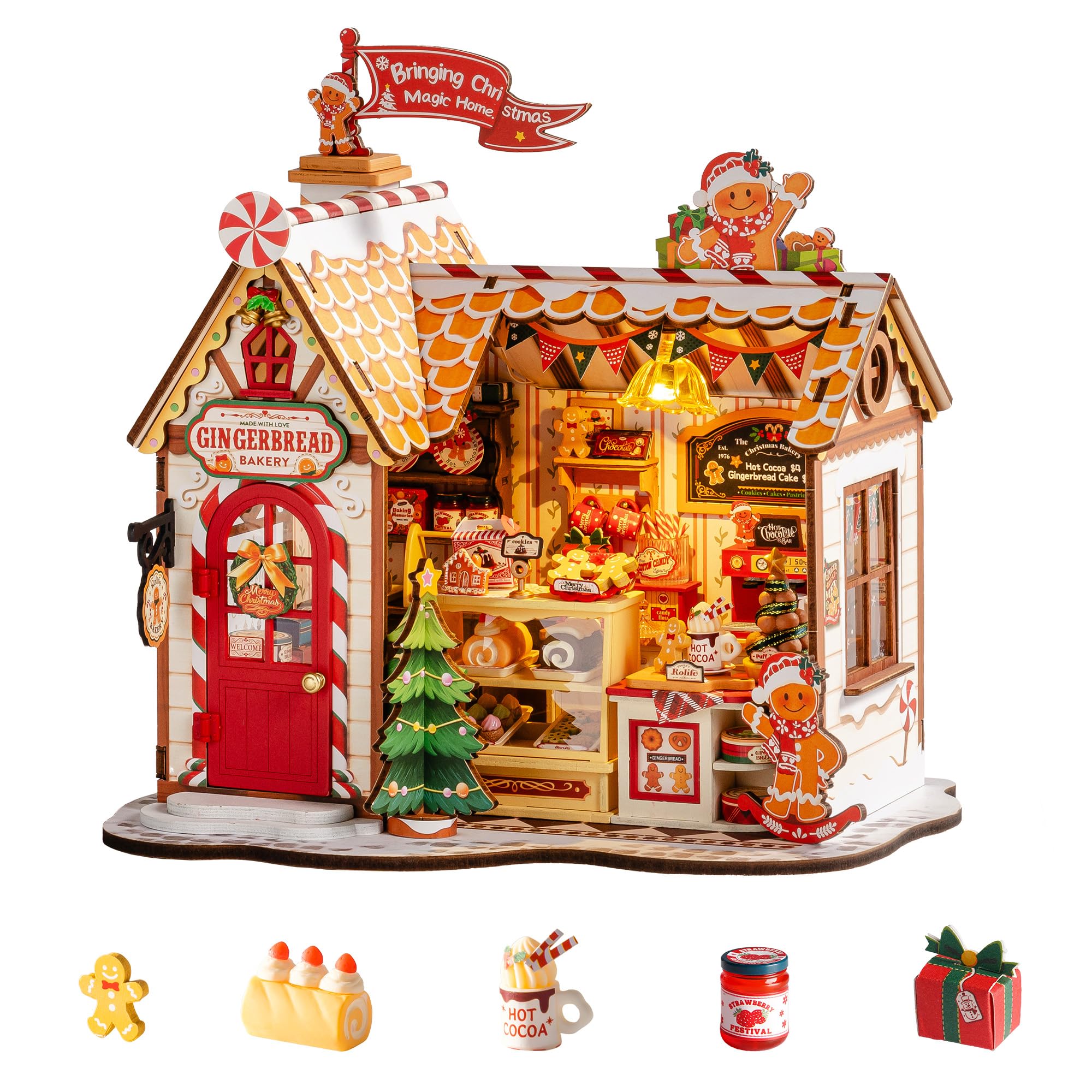 Rolife Maquetas Puesto de Dulces de Navidad-170 Piezas DIY Miniature House Diorama, Casas Miniaturas para Montar Puzzle 3D Madera para Adultos ¡Ningún Pegamento Necesario Adornos de Navidad