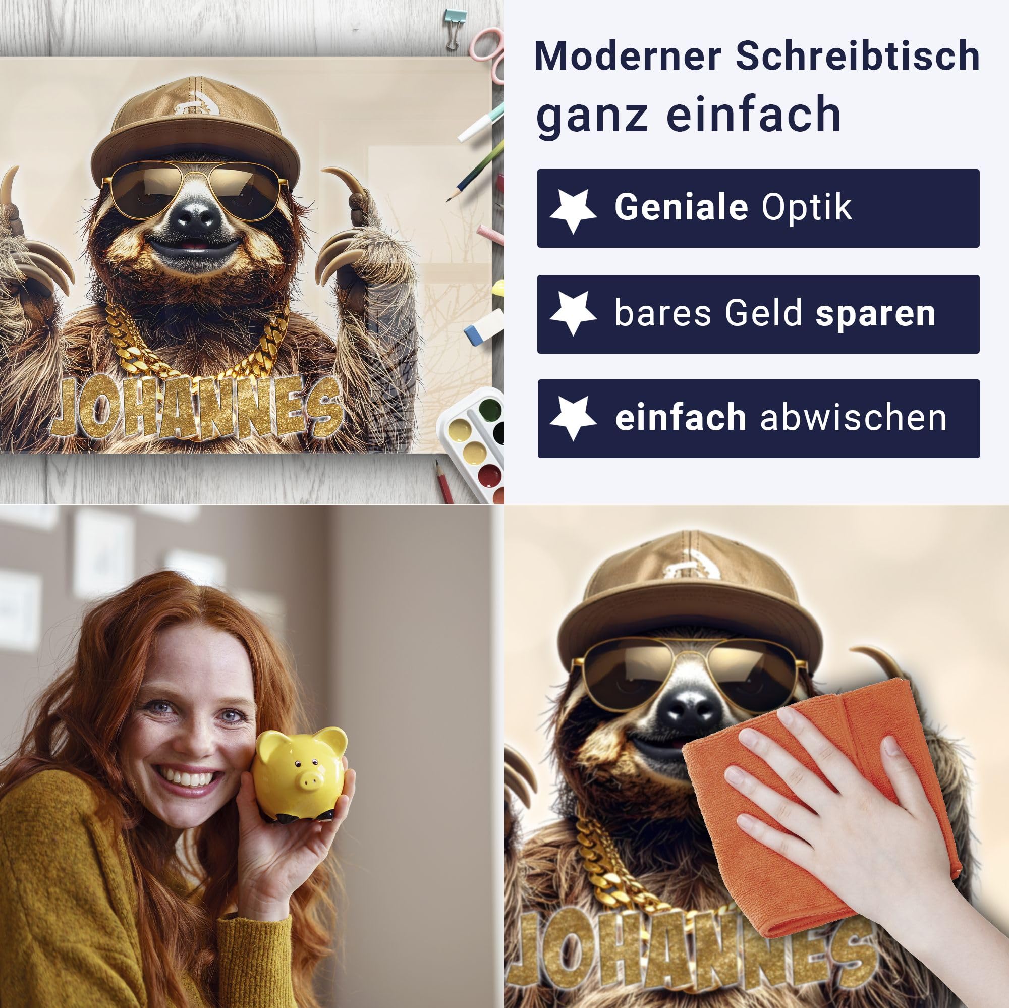 Schreibtischunterlage personalisiert mit Namen | 120 x 60 cm XXL Faultier | wasserfeste Schreibunterlage, abwischbar, glatt | stabiles, hochwertiges Acrylglas, Kinder Kunststoff lustig Motiv Tiere