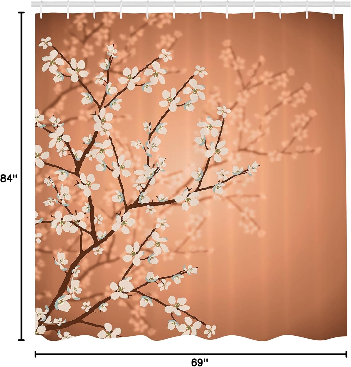 Ambesonne Japanese Shower Curtain, Spring Season Sakura Bloom Design Romantic Cherry Blossom on Blurry Branches, Cloth Fabric Bathroom Decor Set with Hooks, 69" W x 84" L, Peach and White