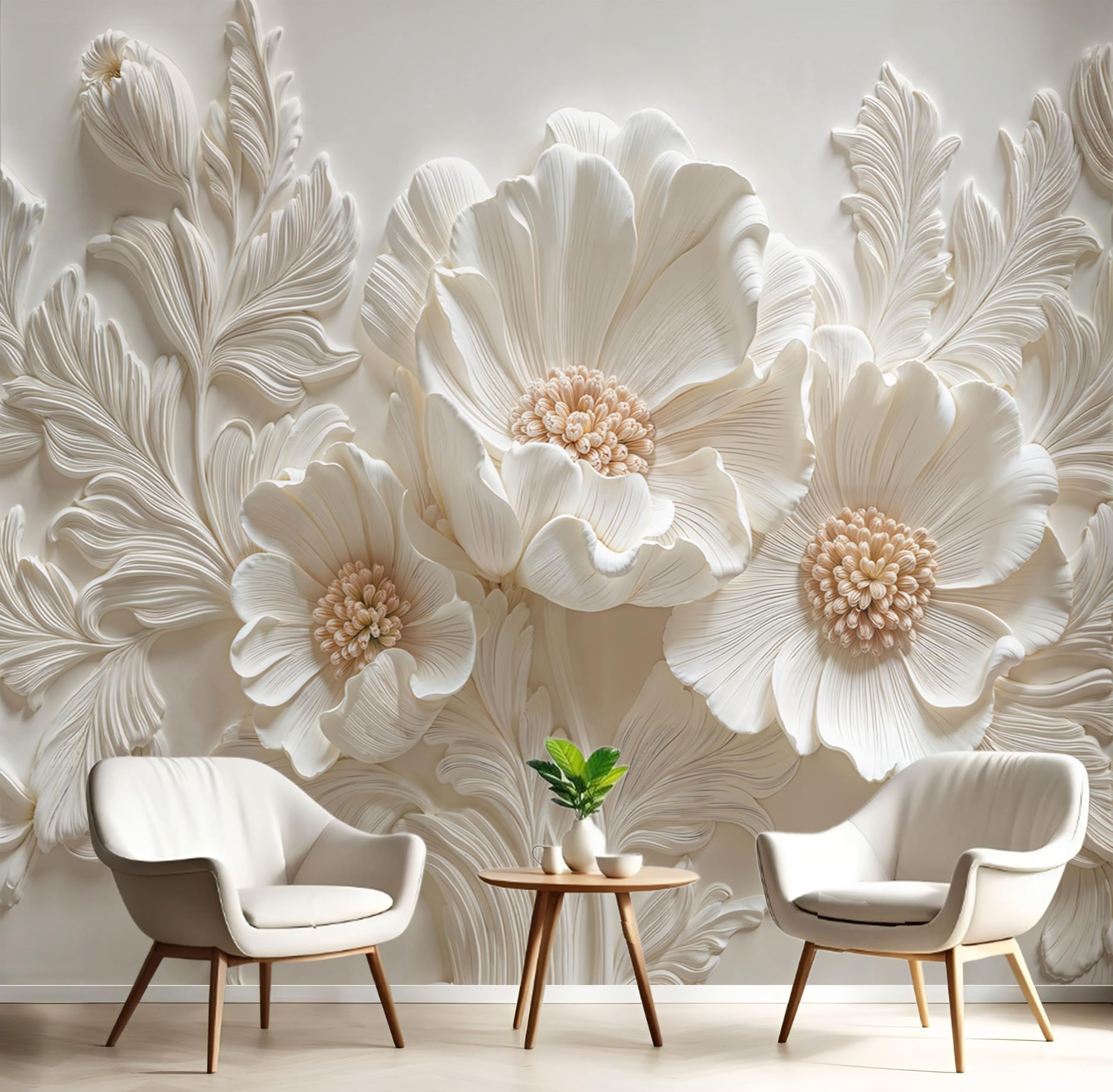 3D Carta Da Parati Panoramica Fiori E Foglie In Gesso, 350x256cm Carta Da Parati in Seta Arte Del Rilievo Classica, Decorazioni Murali per Camera, Soggiorno, Poster Xxl Da Parete Grande Affiche