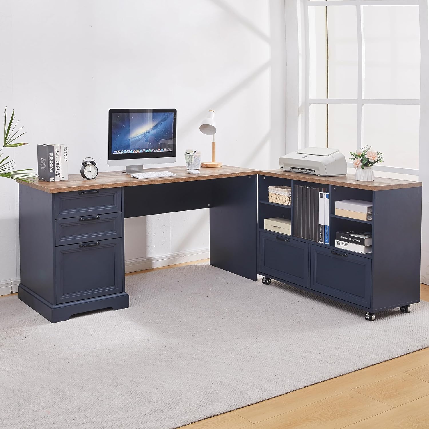 60"L-Shaped Executive Desk with 40"Adjustable File Cabinet,Farmhouse Home Office Desk with Charging Station,Office Desk with Storage Drawers,Wood Computer Desk Set for Office Work,Home Study (Blue)