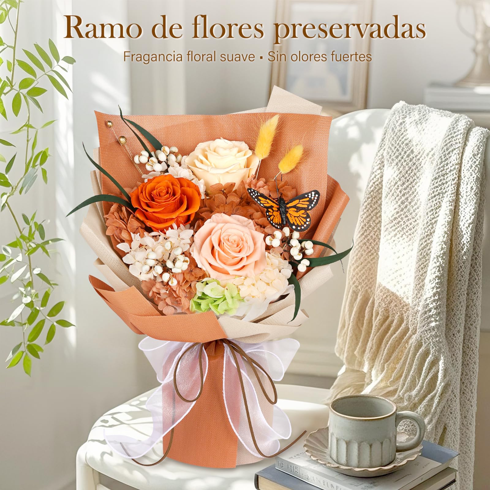 Ramo de Flores Preservadas con Mariposa, 3 Rosas Eternas y Flores, Ramo de Rosas Eternas Duraderas, Regalos para Mujer, San Valentín, Aniversario, Cumpleaños y Día de la Madre, Novia, Esposa, Madre