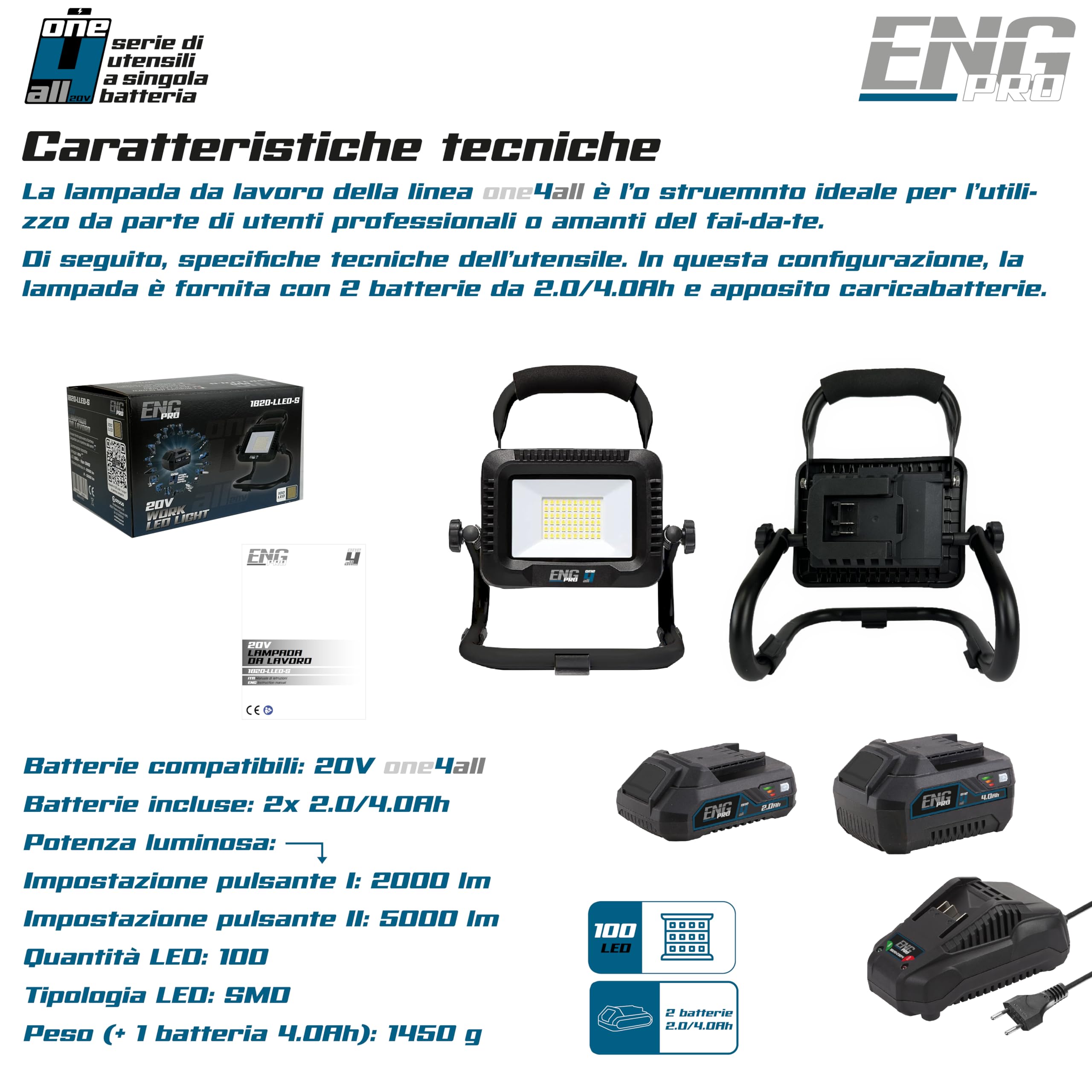 Faro Lampada 100 LED Luce da lavoro Faretto | Linea Professionale a Batteria ONE4ALL | 50 W Luminosità Regolabile fino a 5000 lm | 2 Batterie 2 e 4.0 Ah