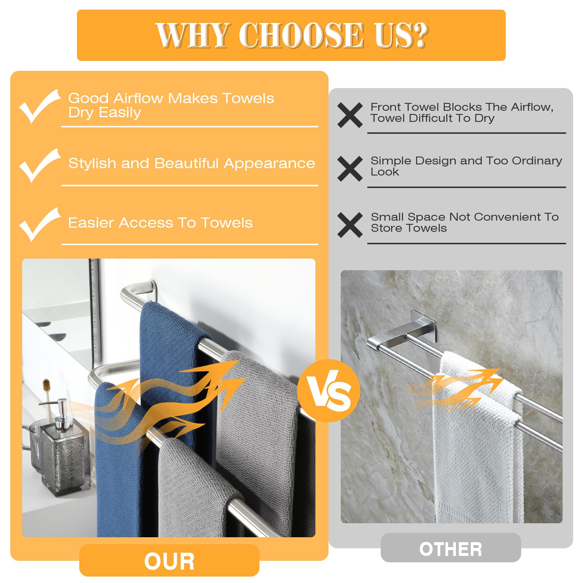 Mooche Towel Rail Wall Mounted,Bathroom Towel Holder Double Towel Rack for Bathroom,SUS304 Stainless Steel 700MM Towel Shelf Double Towel Bars for Hotel,Kitchen,Drawing Room,Toilet(Brushed) - Image 3