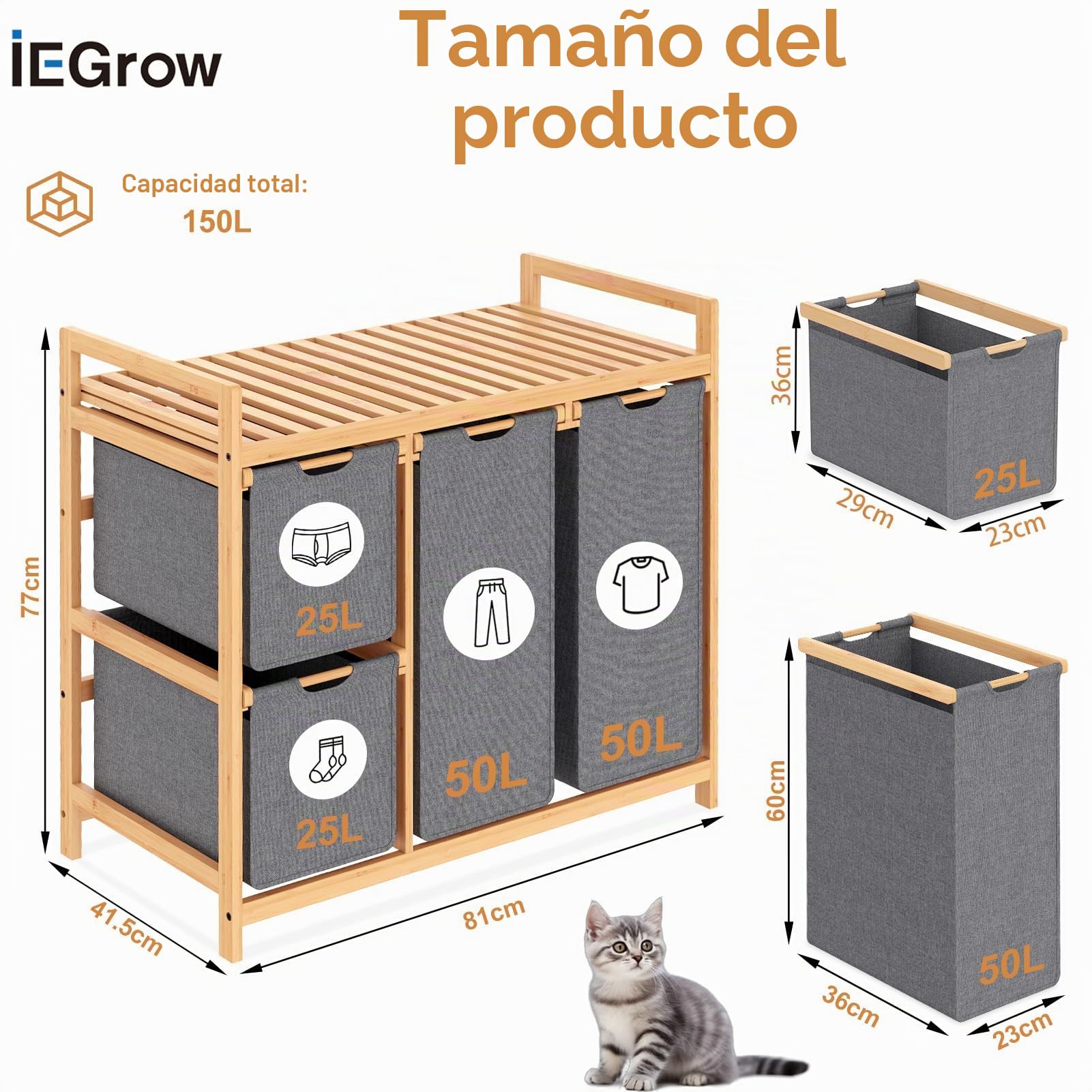 iEGrow Cesta de lavandería de 3 compartimentos con estante, cesta de bambú con ruedas, 3 bolsas de lavandería extraíbles de 50 L, organizador de lavandería gris, cesta de lavandería de 3 secciones