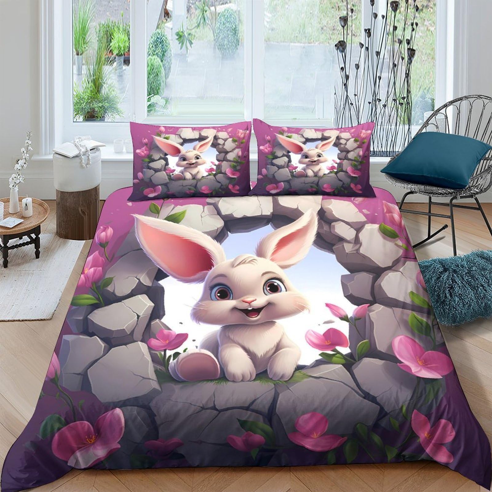 XFKLYNVCJ 3D Printed Cute bunny Bed Cover Polyester Cartoon style illustration_ Bedding Cover Wrinkle Resistant Shrink Resistant Friends Home Bedroom Use Single（140x200cm）
