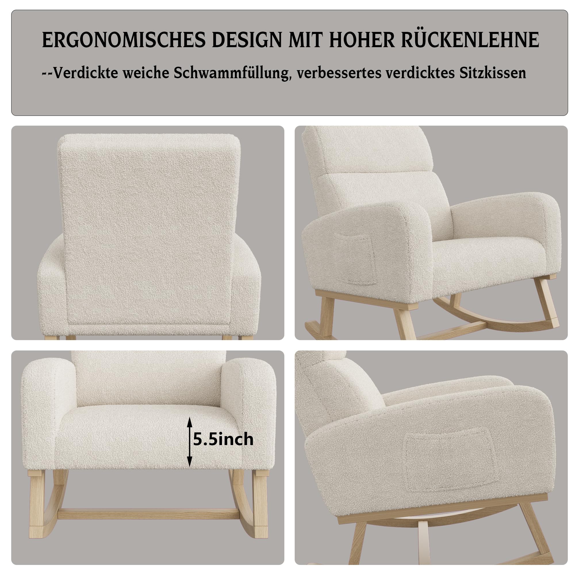 Sedia a dondolo scandinava, poltrona per allattamento, tempo libero e riposo, in tessuto con piedi in legno e metallo per soggiorno, camera da letto, colore: Beige A