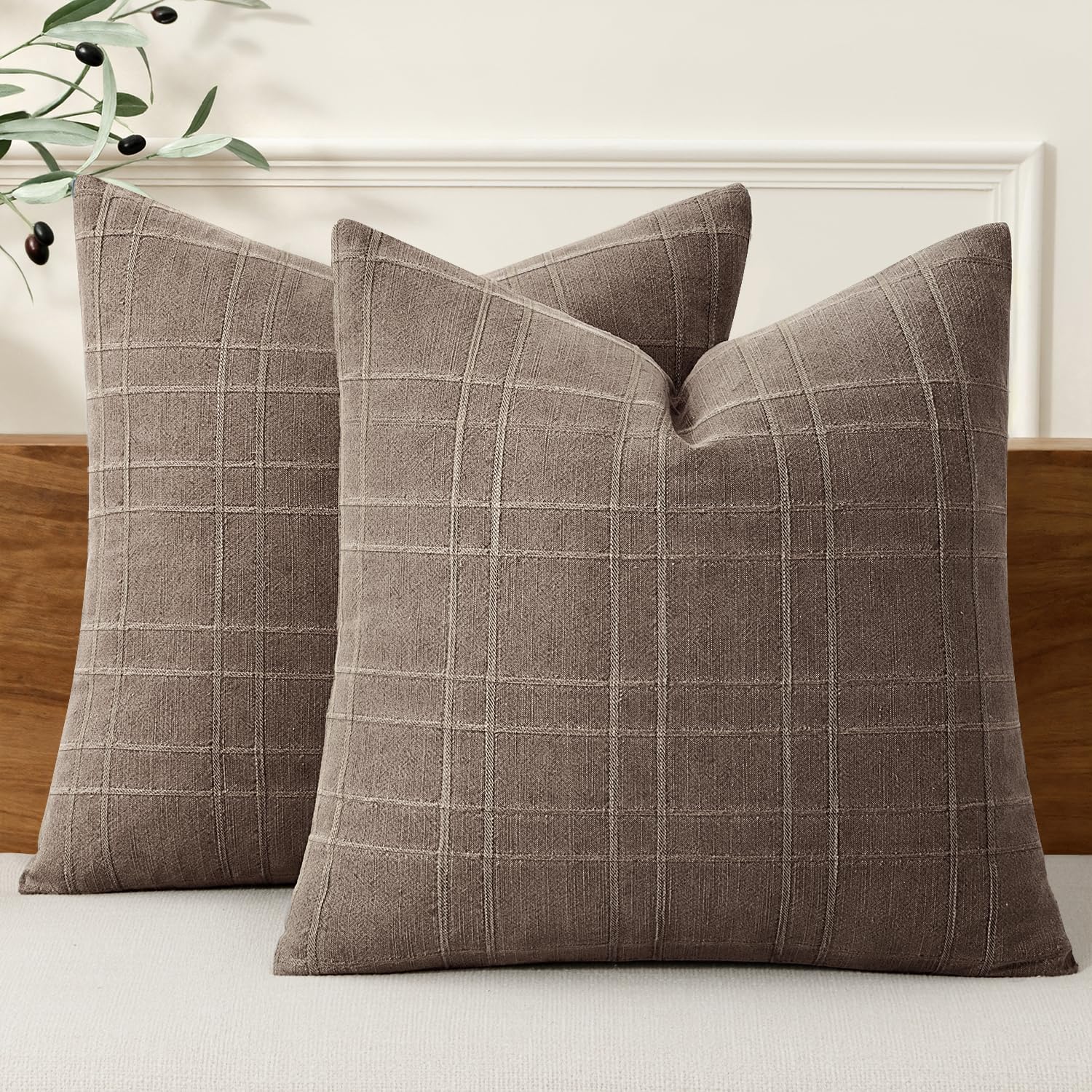 MIULEE Linen Plaid Pillow Covers Fall Decorative 20x20 Taupe