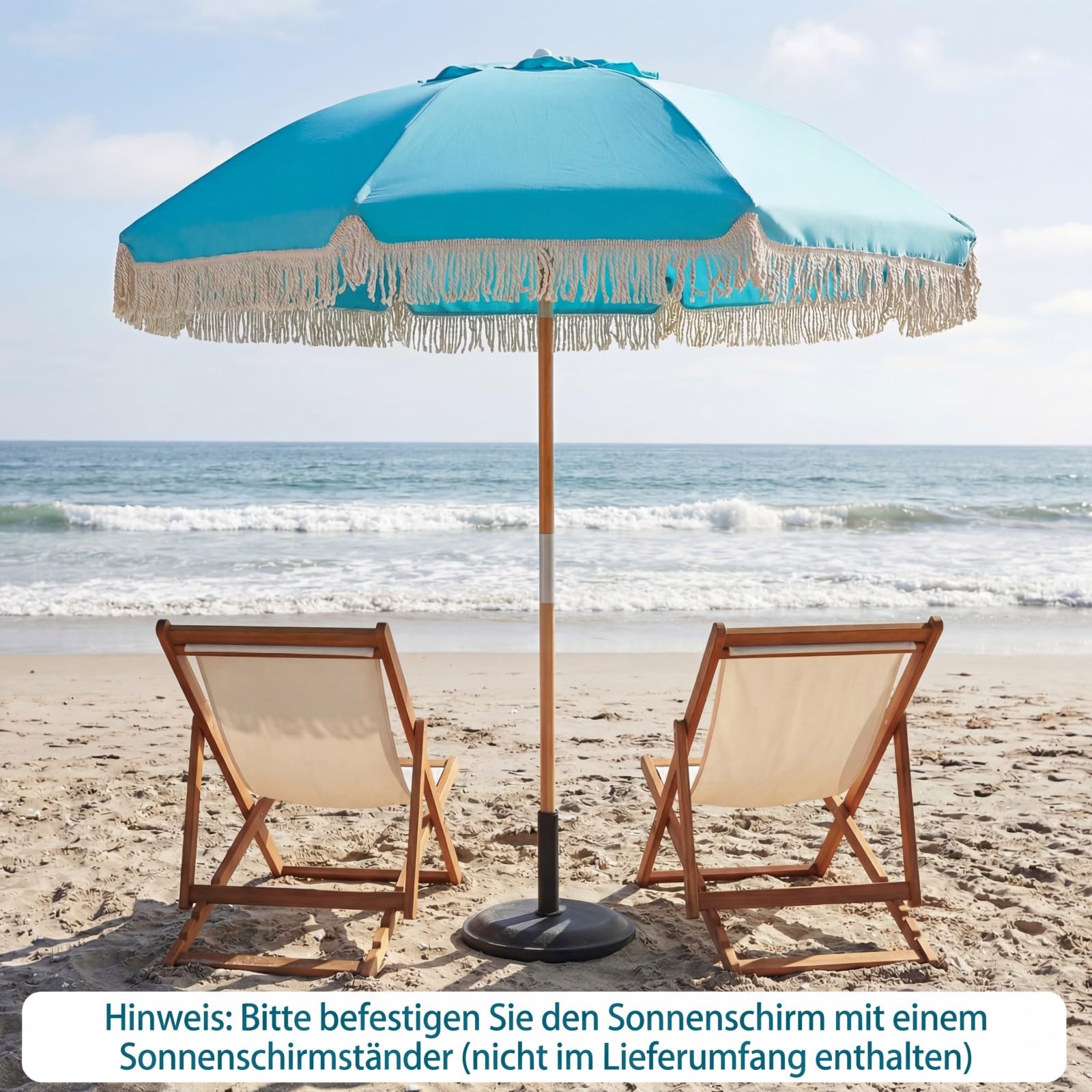 COSTWAY Sonnenschirm Boho, 170 cm Gartenschirm aus Holz, beidseitig um 30° knickbar, Balkonschirm mit Fransen, Terrassenschirm, Marktschirm für Garten, Balkon, Terrasse (Blau)