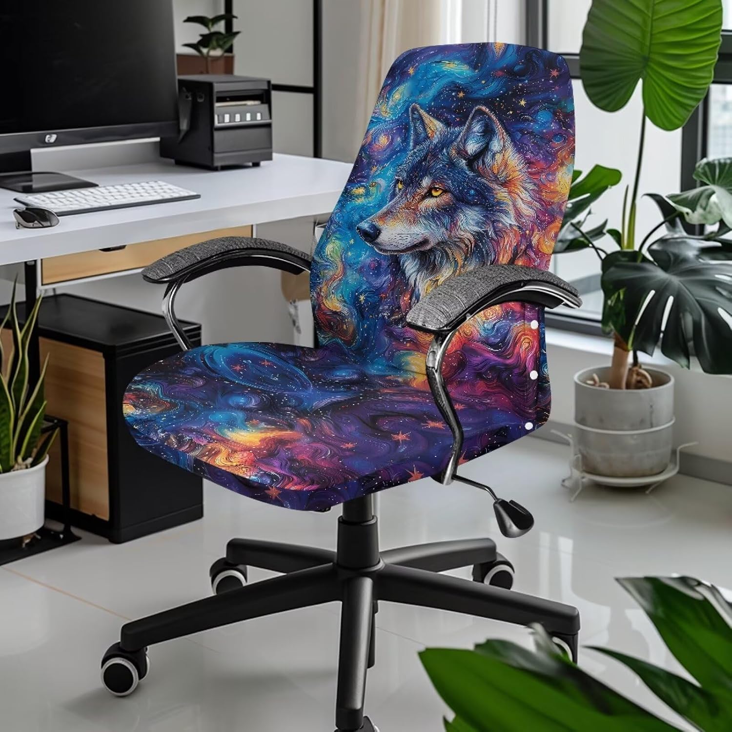 Wanyint Wolf Galaxy Starry Office Chair Cover Universal Rotating Boss Chair Cover Printed Desk Chair Protector Stretch Fabric Cover with Elastic Bottom, L