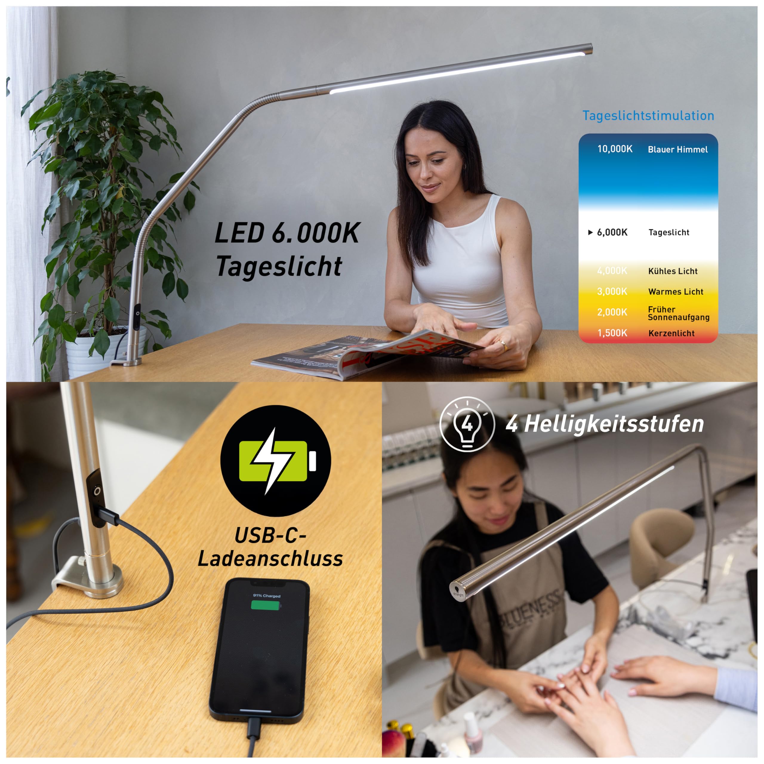 Daylight Slimline 4™ LED Tischlampe – 6000K, 3200 Lux, 4 Helligkeitsstufen, USB-C-Ladeanschluss, Blendschutz-Diffusor, Verstellbare Schreibtischleuchte für Kunst, Basteln Gebürsteter Stahl