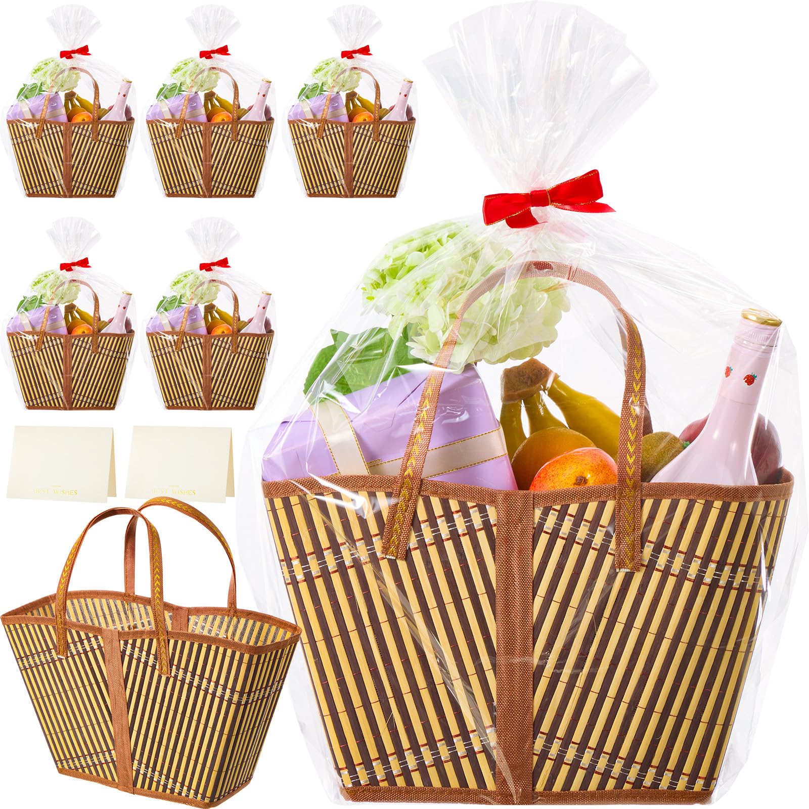 Quzzil Set di 6 cesti per regali vuoti, robusti e grandi, in bambù, con manico, con fiocco rosso da riempire per festa del papà, Natale, matrimoni, baby shower, compleanni, biglietti regalo