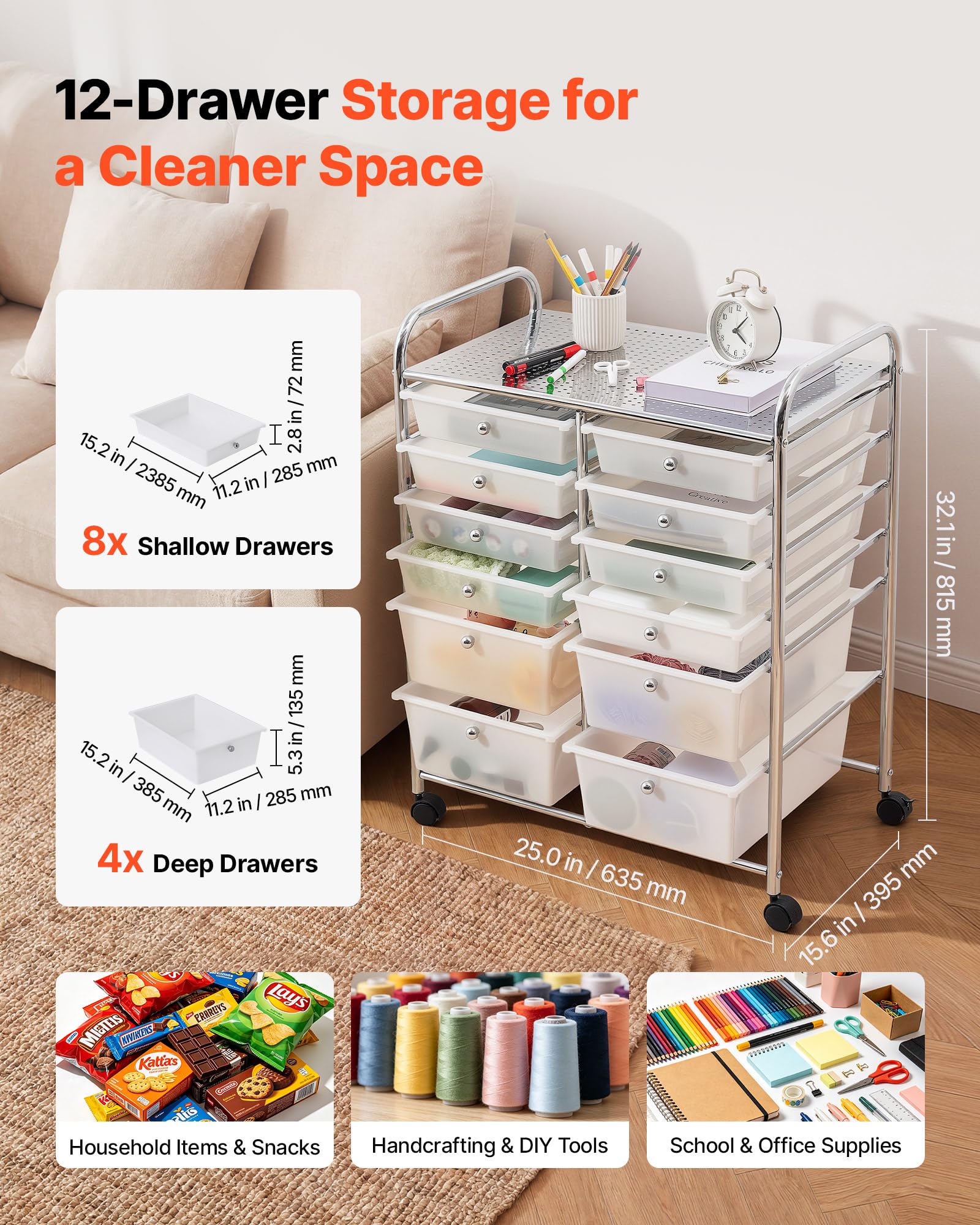VEVOR Carrello con Cassetti Organizer a Doppia Fila con 12 Cassetti e Ruote, Carrello Portaoggetti, Telaio in Acciaio Cromato, Ruote Girevoli a 360° con 2 Freni, Ideale per Ufficio, Garage e Studio