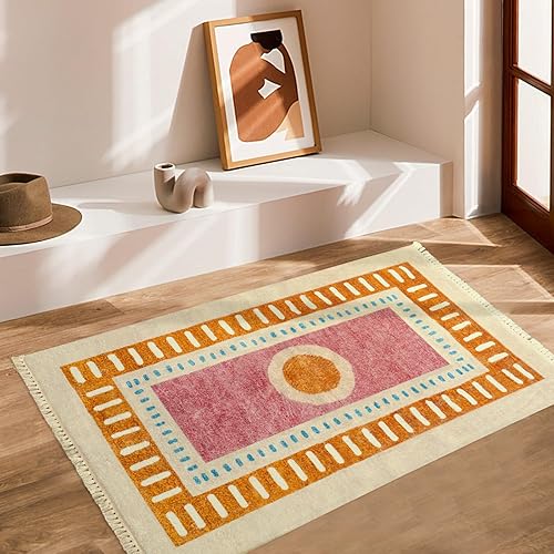 Miniatura 7 de Lukinbox Alfombra bohemia para sala de estar, 3 x 5 pies, lavable a máquina, alfombra de dormitorio, súper suave, antideslizante, color naranja,