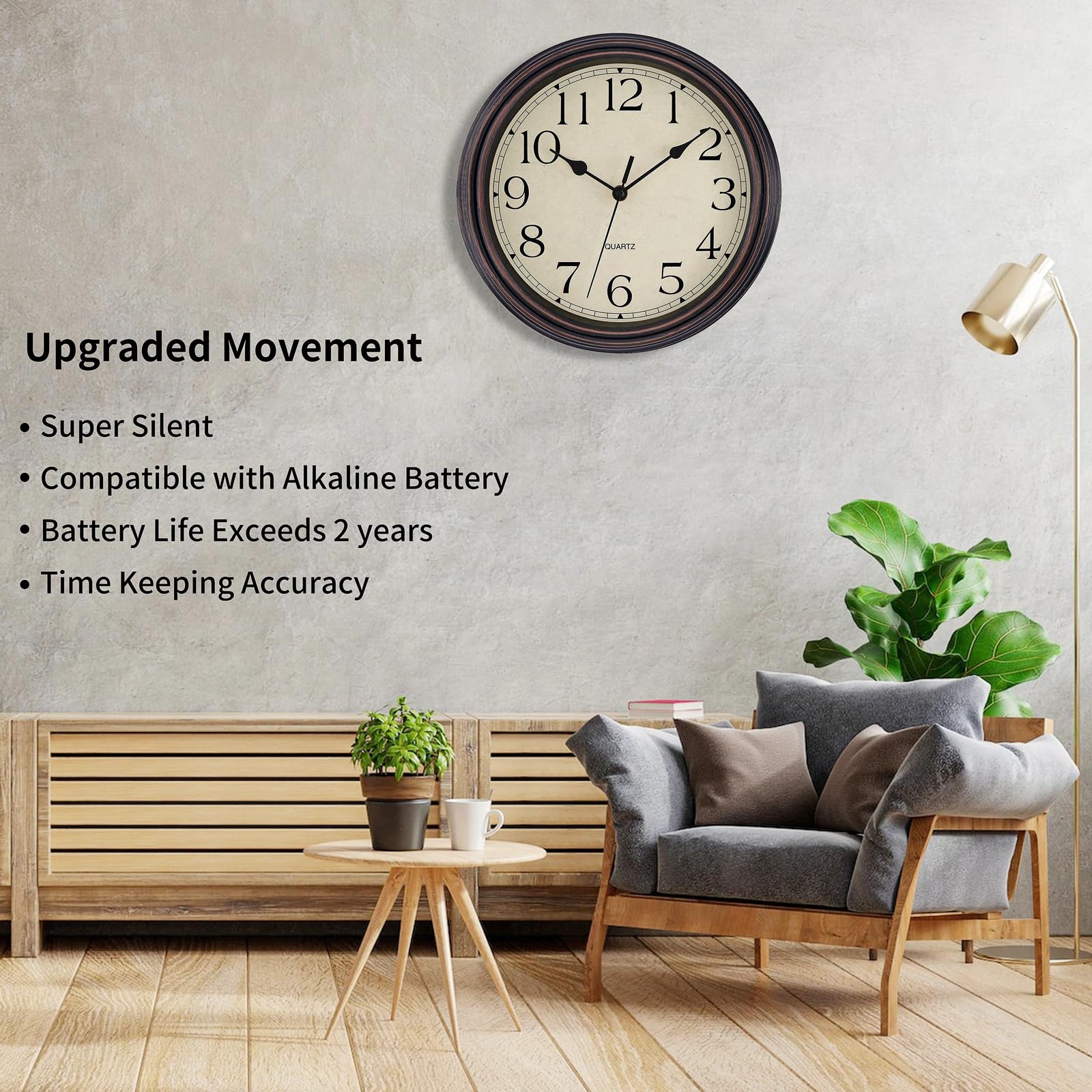 Foxtop Retro Silent Non-Ticking Round Classic Clock Quartz Decorative Battery Operated Wall Clock for Living Room Kitchen Home Office 12 Inch (Bronze)