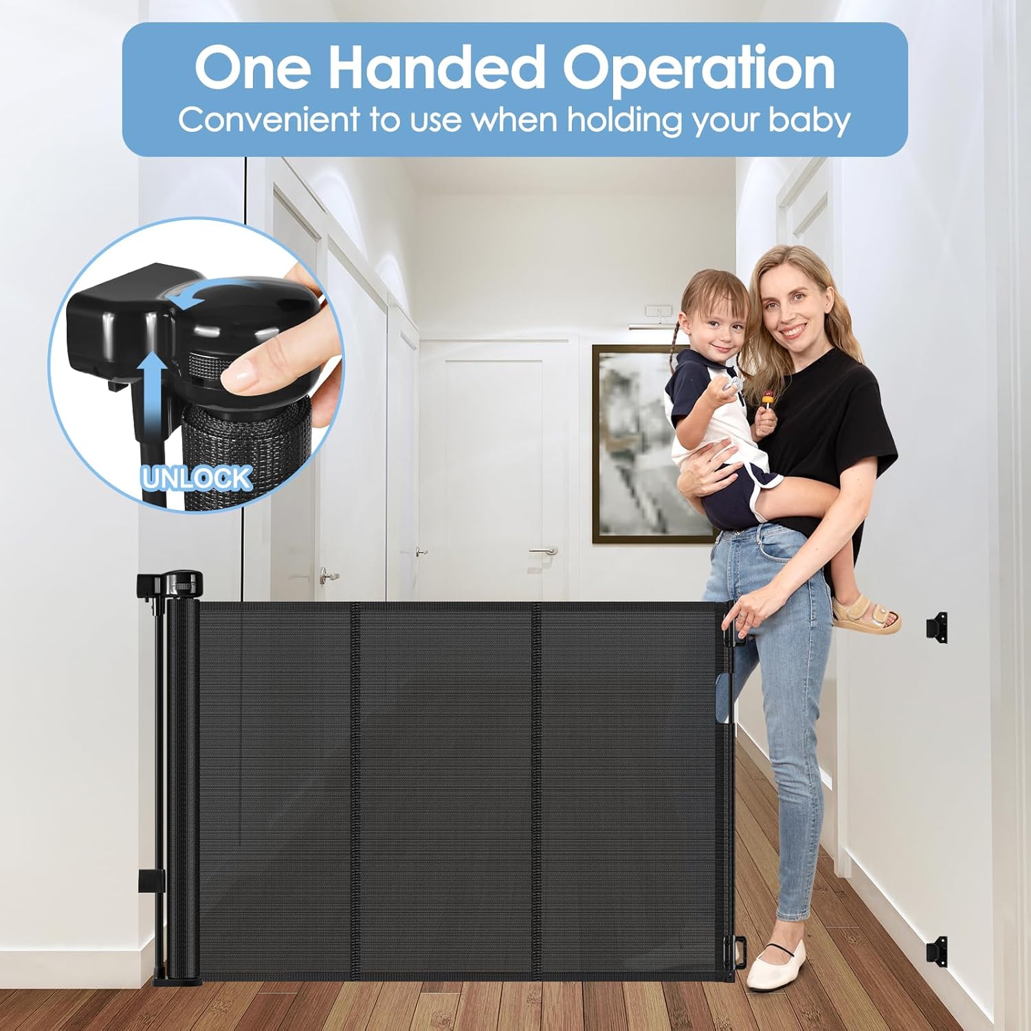 Photo 1 of Reinforced Wide Retractable Baby Gates with Support Rods, Retractable Dog Gate for The House Extra Wide Mesh Pet Gate Indoor Outdoor Child Gates for Doorways Stair Gates for Kids or Pets (Black)