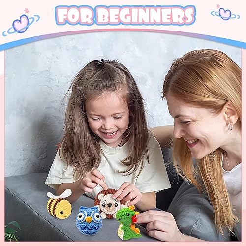 Miniatura 6 de Juego de ganchos de ganchillo para principiantes, hechos a mano, divertidos dijes de bricolaje, serie de animales, erizo, dinosaurios, búho, abeja,