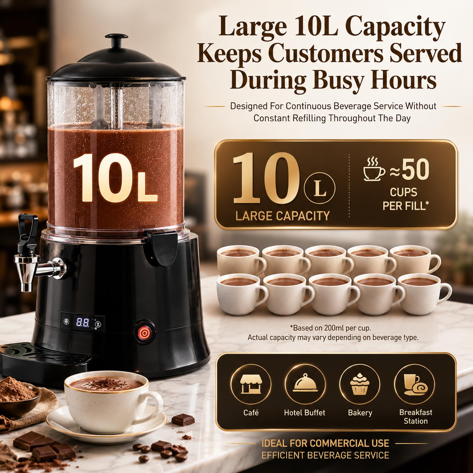 10L/2,6Gal Machine à Chocolat Chaud, 400W Machines à Faire Fondre Le Chocolat Chaud, Distributeur Commercial de Boissons Chaudes, Contrôle de Température 30-90℃ pour Cacao, Lait, Café