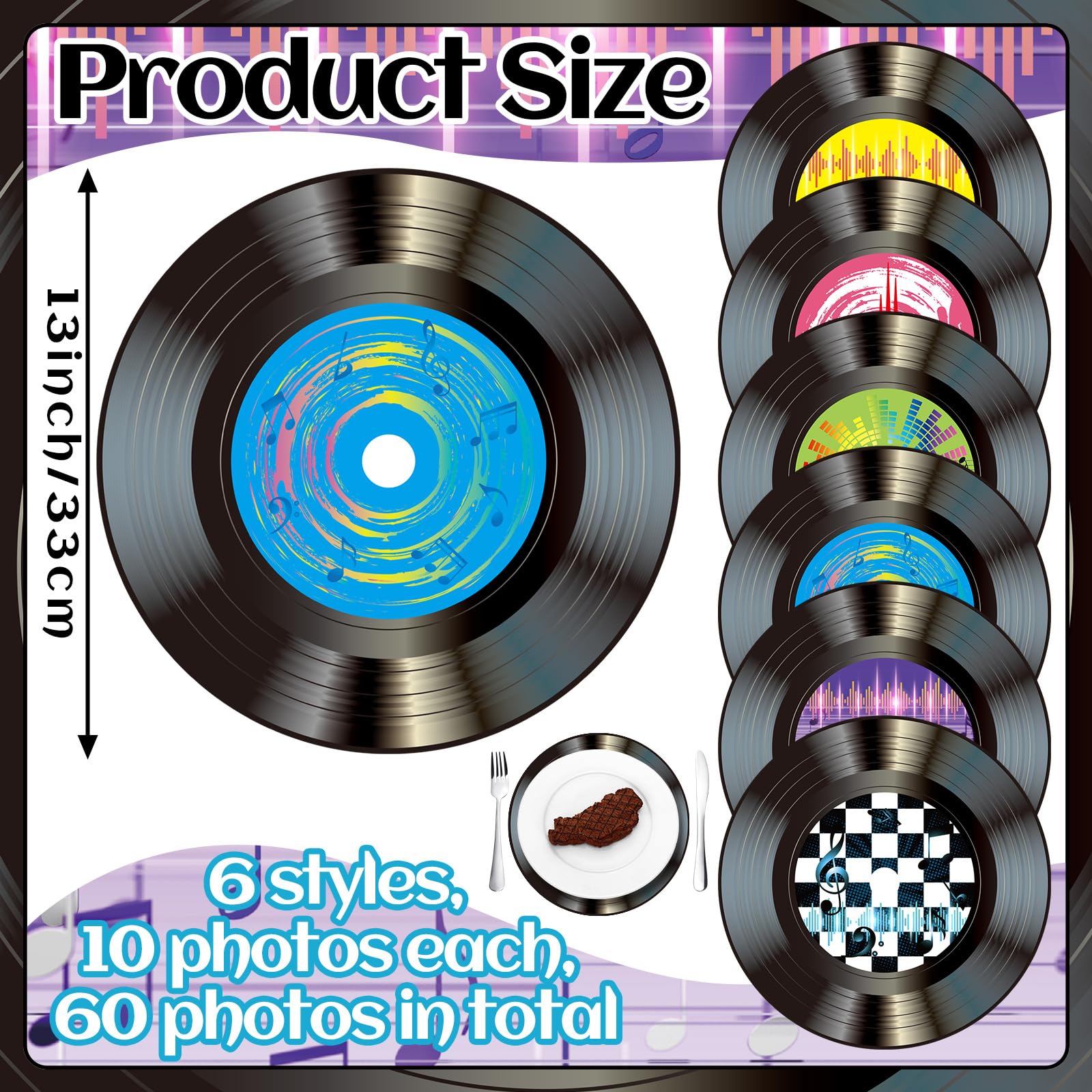 FillTouch Platzsets aus Vinyl mit Musikmotiven, 33 cm, 1950er-Jahre, Rock-and-Roll-Vinyl-Schallplatten, runde Einweg-Tischsets, 50er-Jahre-Party-Tischsets für Esszimmer, Heimdekoration, 60 Stück