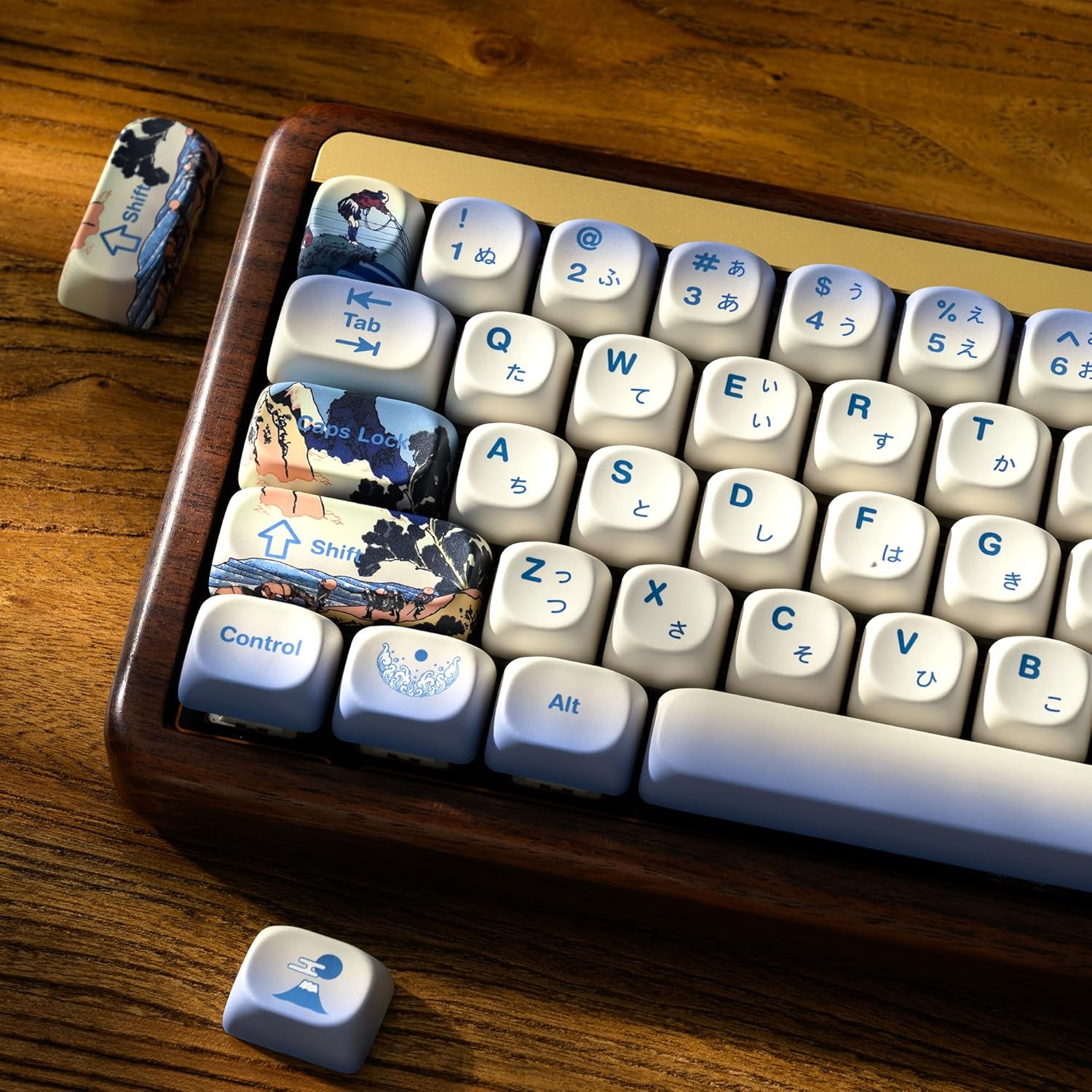 OHY XVX MOA Profile Japanese Fuji Mountain Theme Keycaps Set, 132 - Key Blue & Creamy White Custom Keycaps for US Layout Mechanical Keyboards -Blue and White
