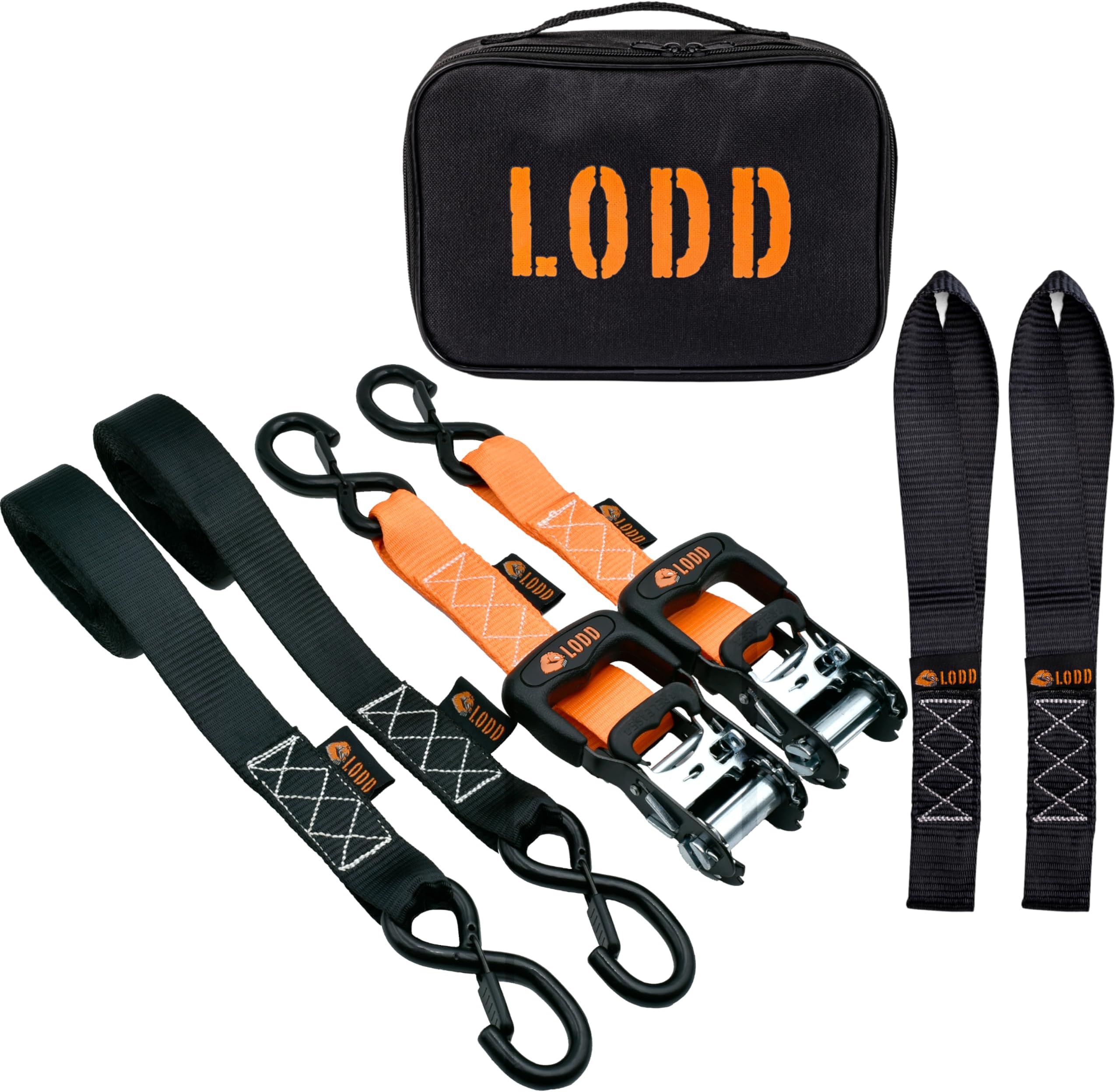 LODDPremium Heavy Duty Ratchet Tie Down Straps, 2 Pack, 41mm x 3.4m, Rubberized Closed S-Hooks, 2000kg Break Strenth. BONUS : 2 Soft Loops + Carry Bag (for trailer, motorcycle, quad...)