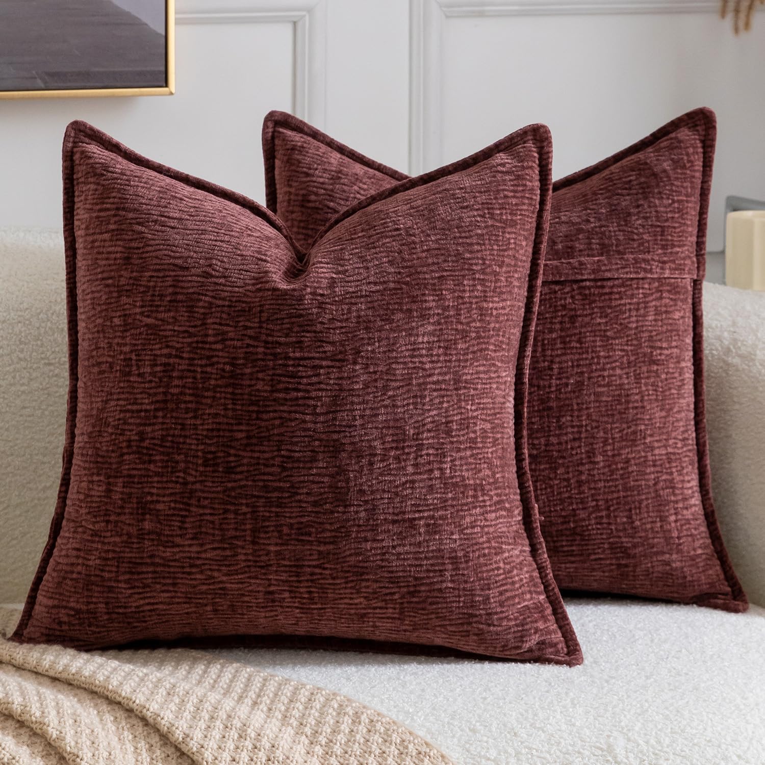 Madizz Pack of 2 Decorative Cushion Covers Soft Chenille Throw Pillows Solid Textured Throw Pillow Covers for Couch Sofa Bedroom Living Room 40x40 CM, Burgundy โ image 1