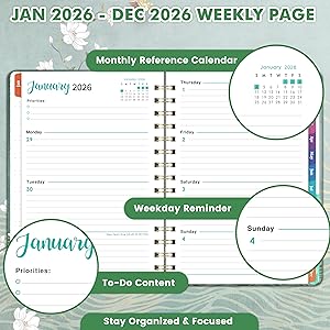 2026 Planner - JAN. 2026 - DEC. 2026, 2026 Planner Weekly and Monthly, 2026 Calendar Planner, Weekly and Monthly Planner with Colorful Tabs, Premium Paper, Twin-wire Binding - Hardcover (6.4" x 8.5", Green, Back Pocket)