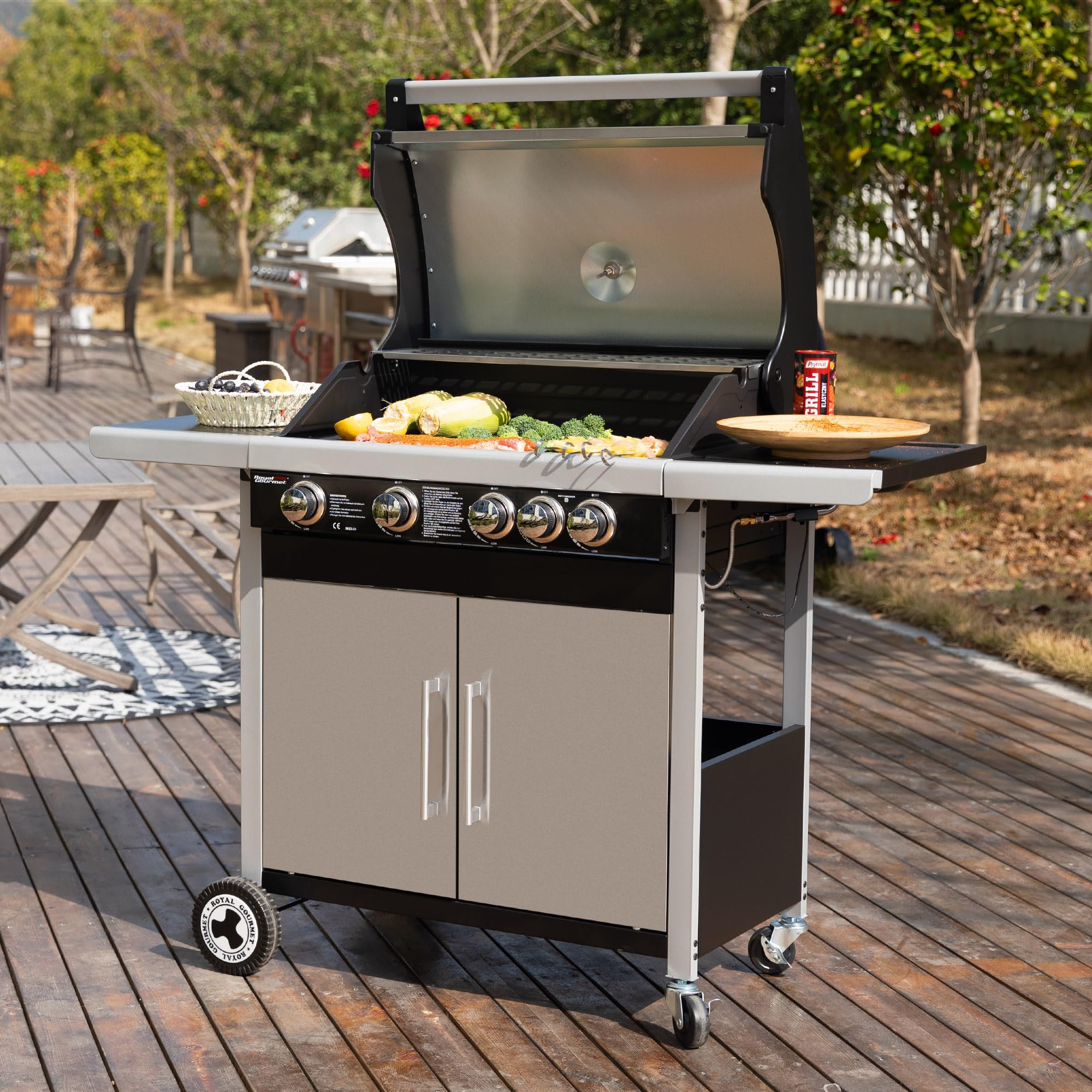 Royal Gourmet 4+1 Brenner Gasgrill Grillwagen mit Unterschrank, Edelstahlbrenner mit 14,5 kW und automatischer Zündung Campinggrill mit Seitenbrenner Silber