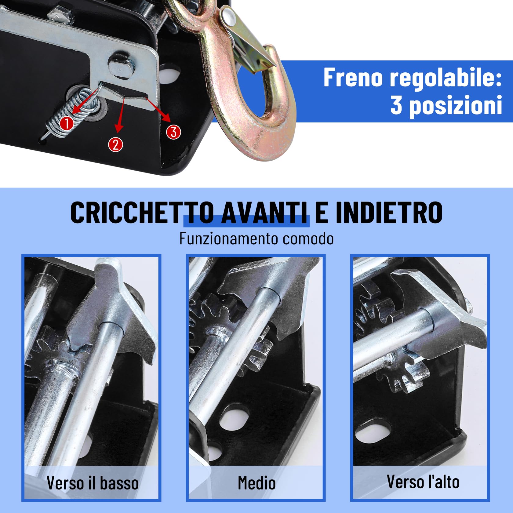 Pindex Verricello a Corda con Freno Fino a 3500LBS, Verricello con Impugnatura Rapida, 4:1,8:1, Argano per Rimorchio Barca, Argano a Mano per Camper, Blu