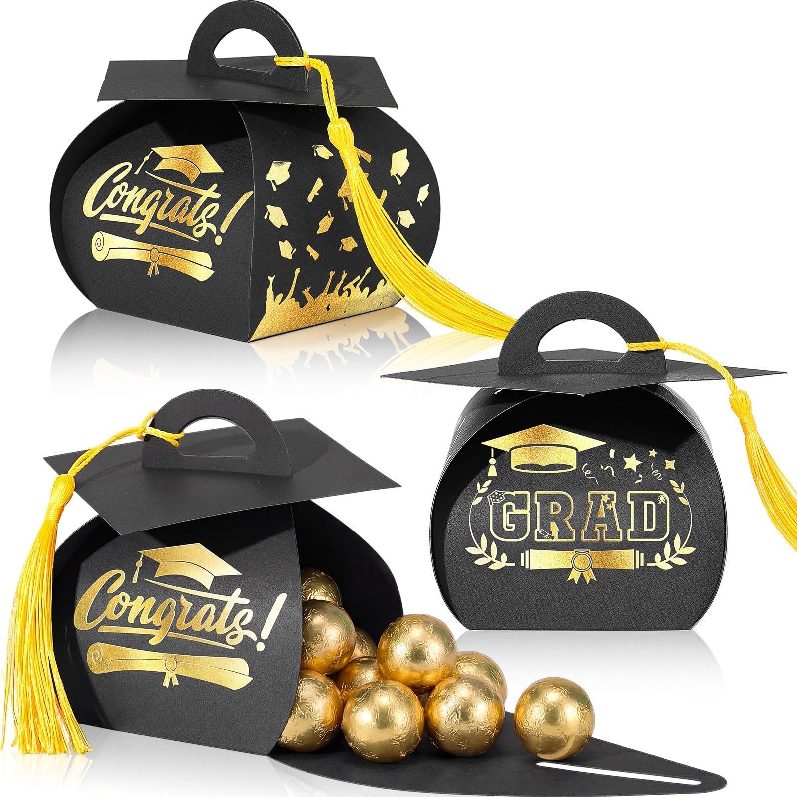 Spakon 30 Pcs Graduation Cap Gift Box Graduation Party Favors Candy Boxes Treat Box with Tassel Table Centerpieces Class of 2026 Grad Decorations(Black, Gold)
