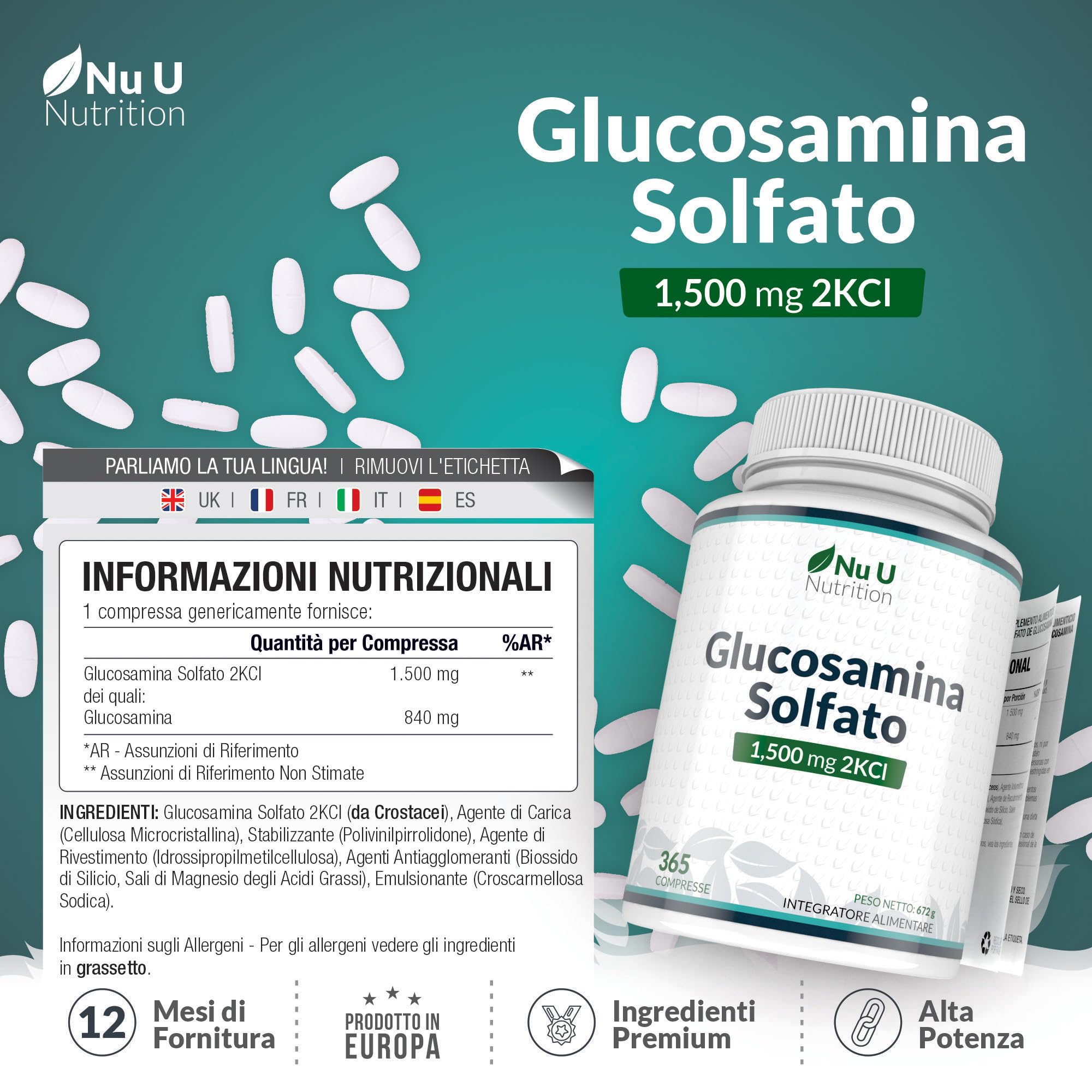 Glucosamina Solfato 1500 mg 2KCl Alto Dosaggio - 365 Compresse non Capsule - 1 Anno di Durata - Integratore per Articolazioni - Prodotto in Europa - Nu U Nutrition
