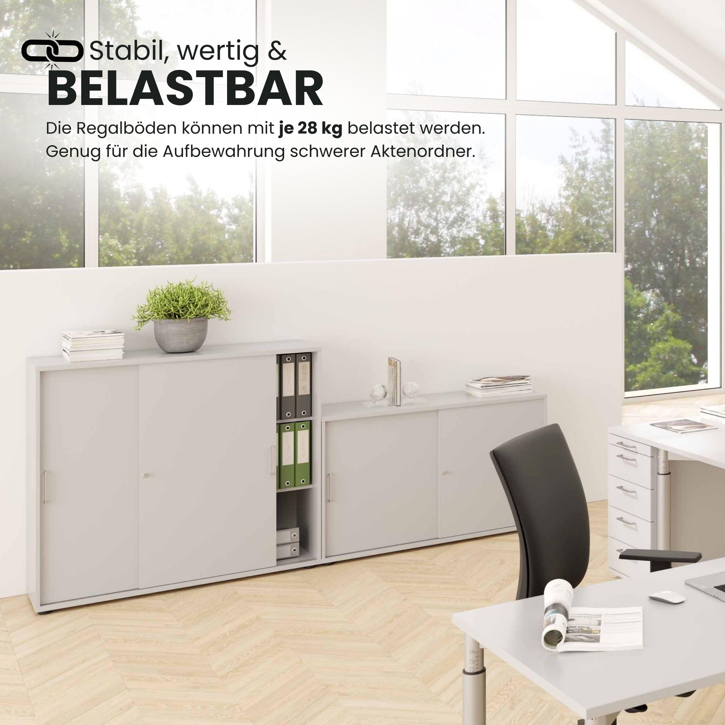 bümö Schiebetürenschrank 2OH Aktenschrank abschließbar Sideboard grau Büroschrank Holz Schiebetür Büro Kommode