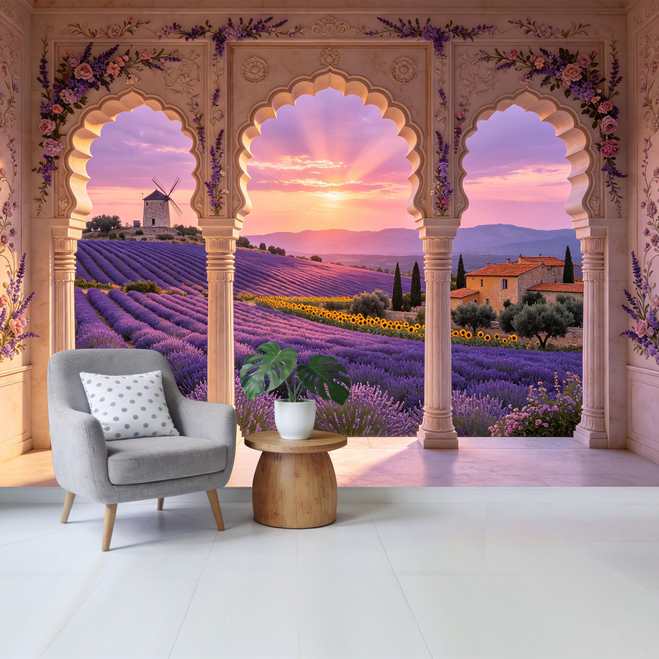 Removable Self Adhesive Fabric Mural， Custom Size Wall Covering Sunset Lavender Field Windmill Landscape， UV Protected Waterproof Washable Wall Decor for Living Room Bedroom Bathroom