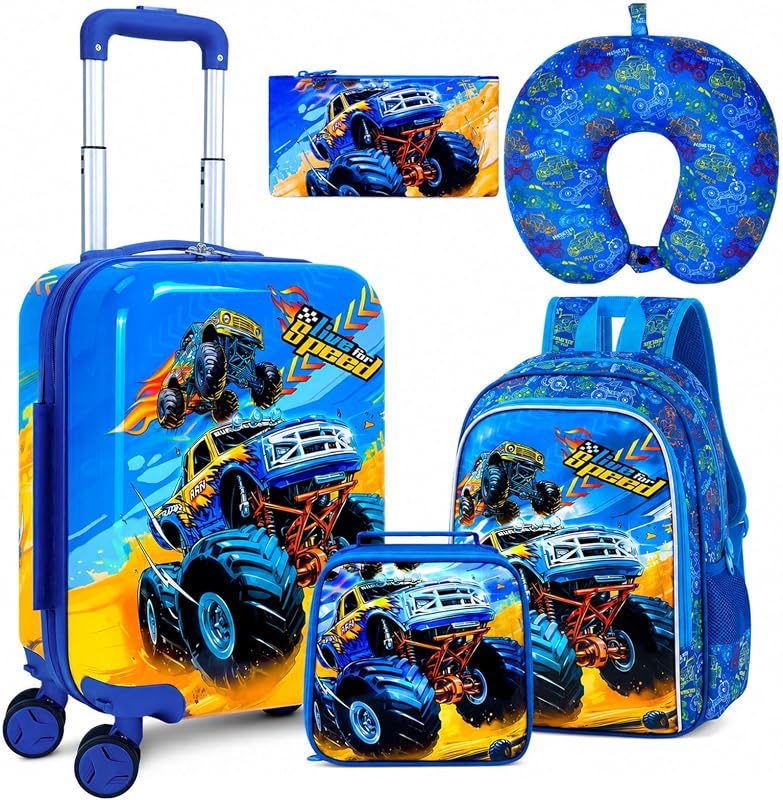 5PCS Kids Luggage Set, Airline-Approved Carry-On with 360°Spinner Wheels, Cute Travel Suitcase for Boys & Toddlers - Dynamic Dual-Truck Blue