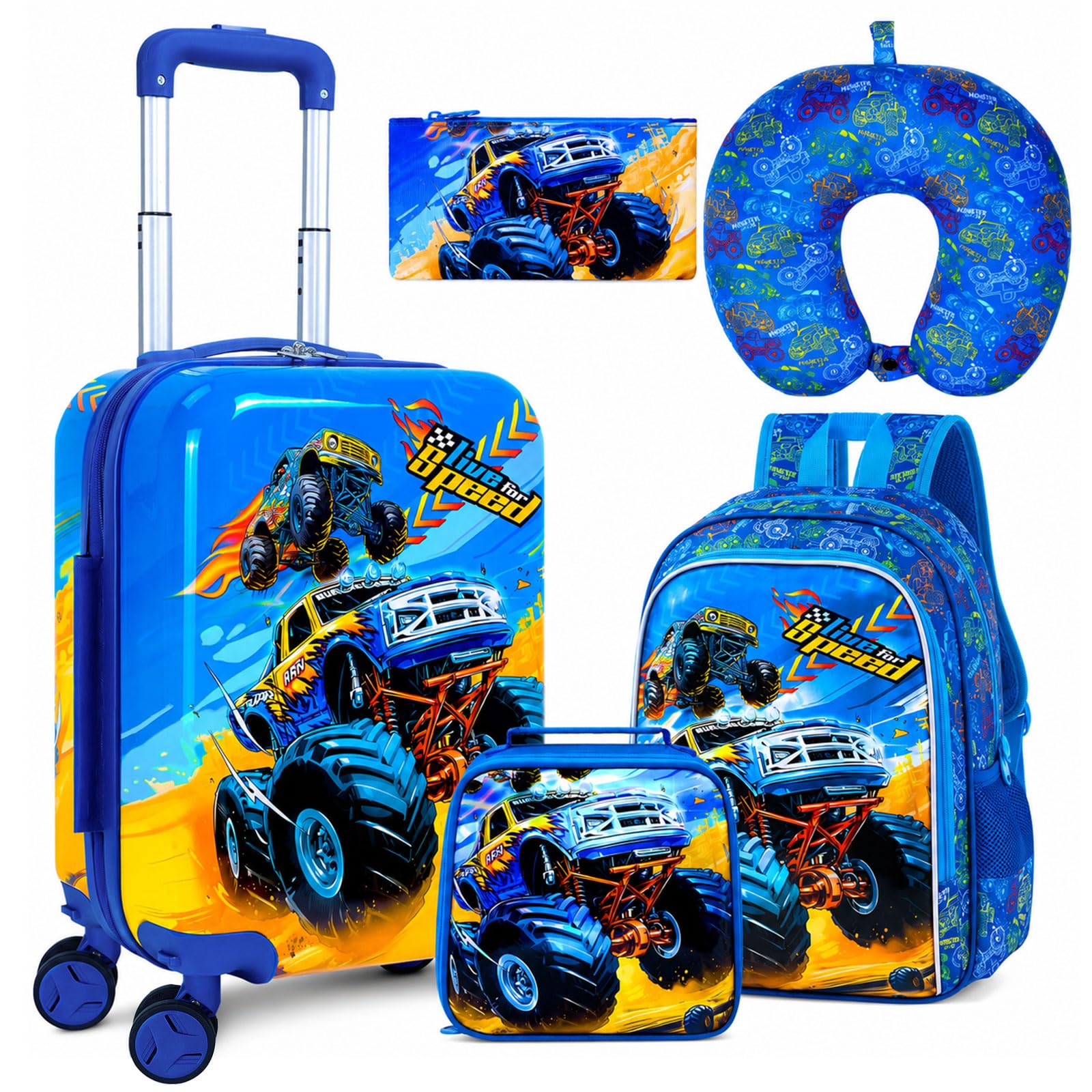 5PCS Kids Luggage Set, 16" Suitcase for Boys 3-10, Cute Truck Carry-On