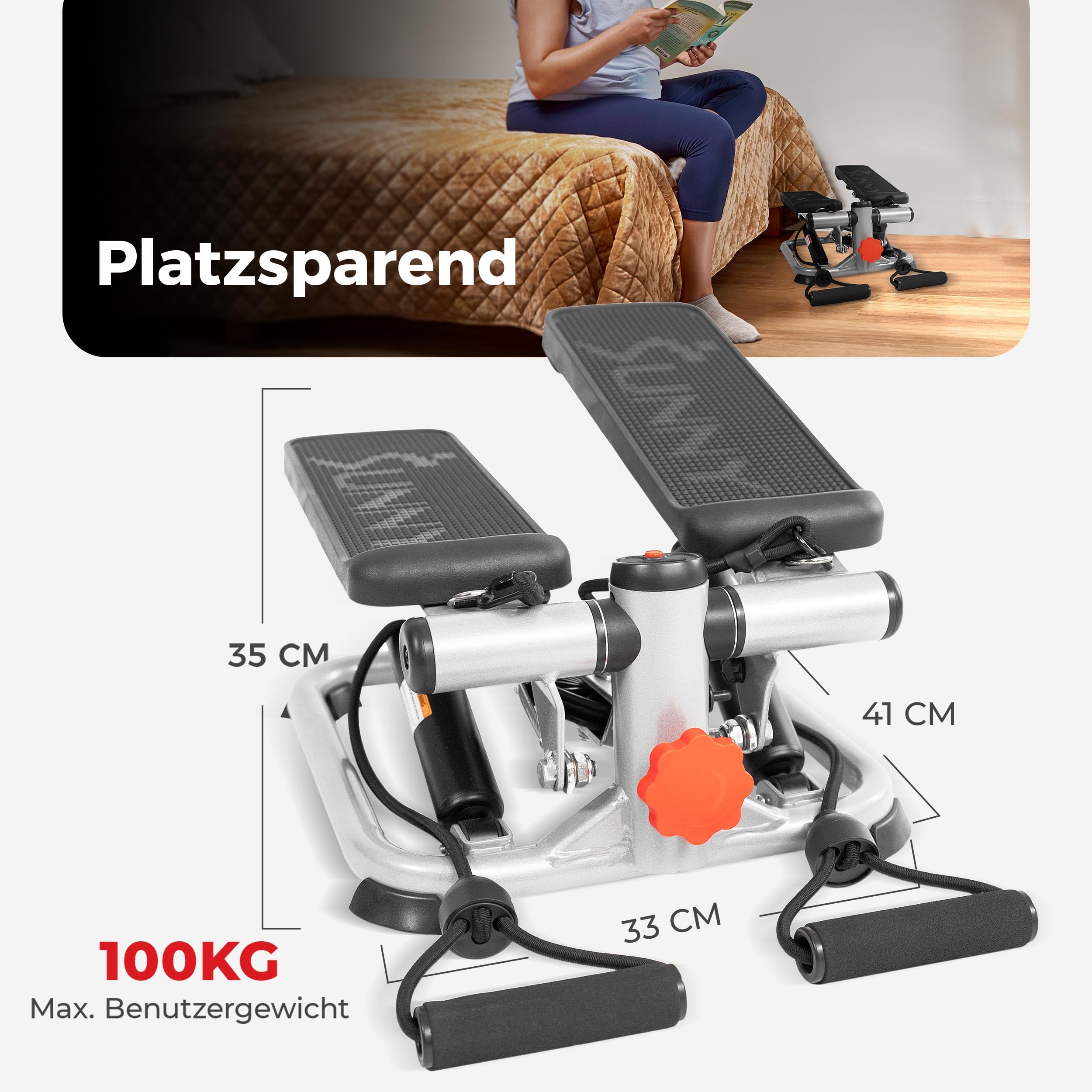 Sunny Health & Fitness Mini-Stepper mit LCD und Verstellbarer Tritthöhe | Unterkörper-Cardio, Vollständig vormontiert, LCD-Display, Heimtraining, Widerstandsbänder, Hydraulischer Stepper