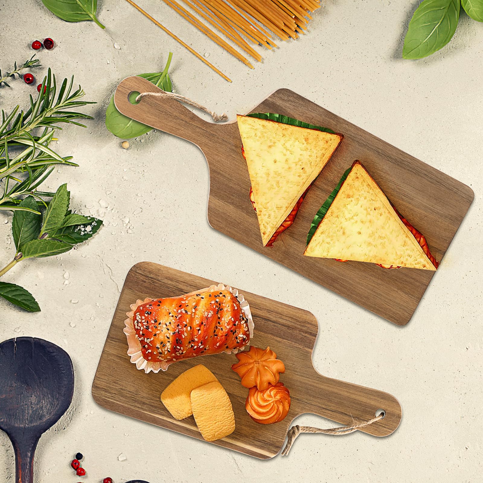 10er Set Akazienholz Schneidebrett mit Griff, 2 Größen Küchenschneidebrett Holz, Groß Servierbrett Holz für Fleisch Brot Gemüse Käse Tapas Pizza (40x17 / 30x15cm)