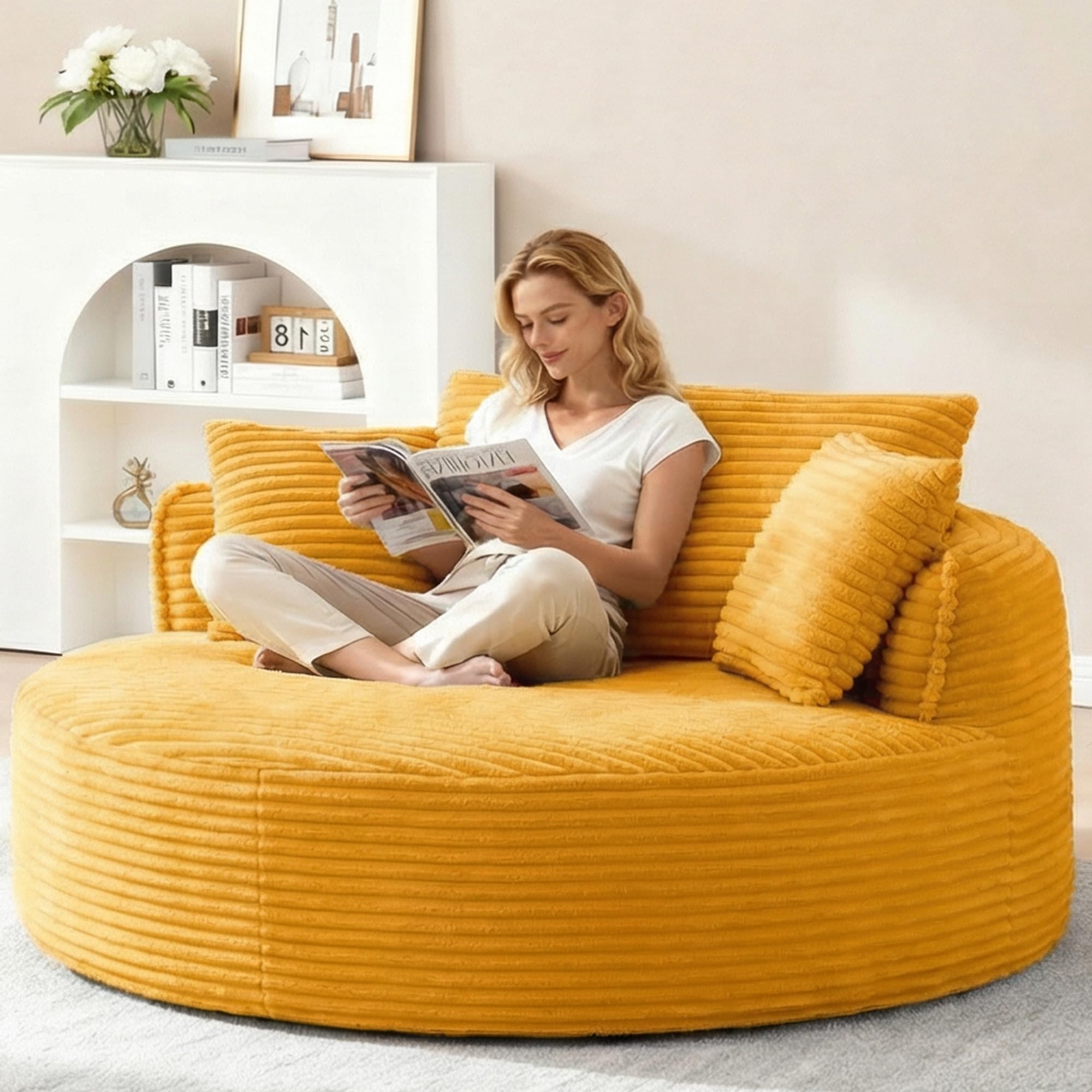 Oversized Round Chair Lounge Chaise Indoor, 53.5" Corduroy Boneless Round Chair, Fluffy Single Deep Seat Cloud Sofa Chairs, Modern Circle Chaise Lounge for Bedroom, Living Room, Yellow