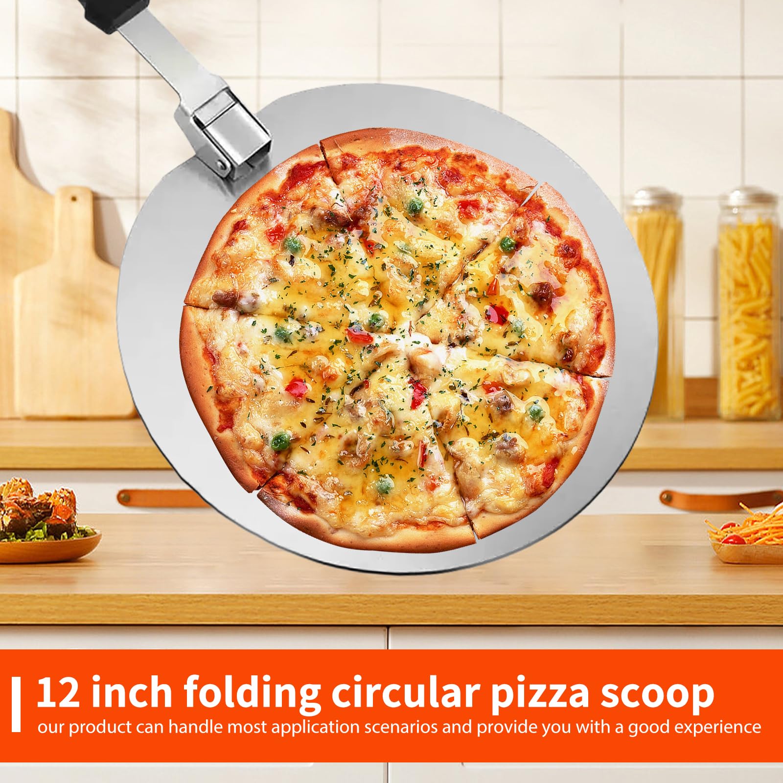 Runder Pizzaschaufel 12 Zoll, Pizzaschaufel aus Rostfreiem Edelstahl, Runder Pizzaschieber für Pizza, Pizza Schaufel mit Klappbarer Griff, Pizzaheber für Pizzen, Brot, Teig, Gebäck