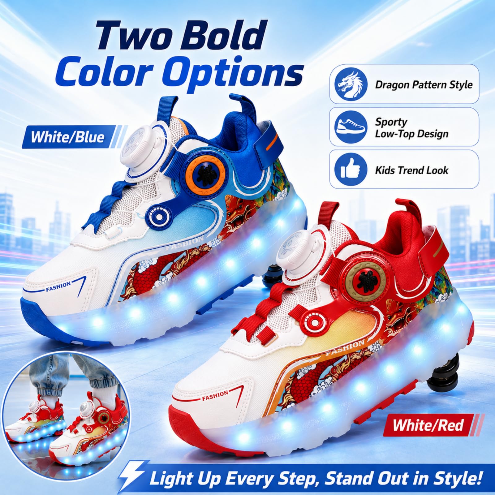 JJDFW 2-in-1-Schuhe für Kinder, zweireihig, abnehmbar, mit LED-Lichtern, Mesh-Obermaterial mit Drehverschluss und Drachen-Druck, 2-in-1-Schuhe, Weiß, Rot, Weiß, Blau