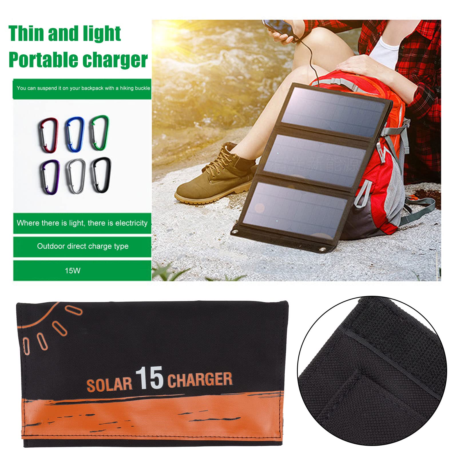 Caricabatterie da pannello solare monocristallino da 15 W Dual USB Pacchetto di ricarica solare pieghevole Telefono esterno Power Bank Polimero PET nero aperto: circa
