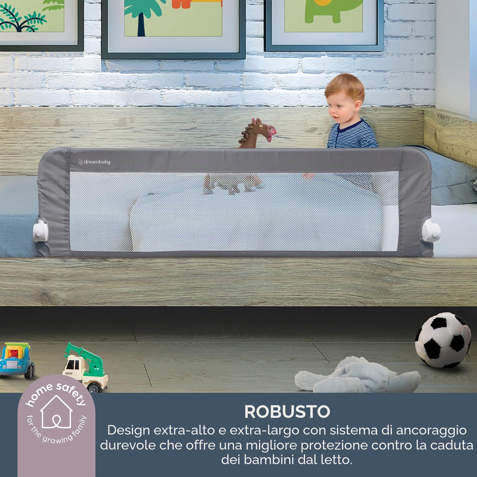 Dreambaby Nicole - Parapetto per letto per bambini, extra largo, 150 cm e 50 cm di altezza, facile da montare, lavabile, transizione sicura da culla a letto, per letti king size, grigio