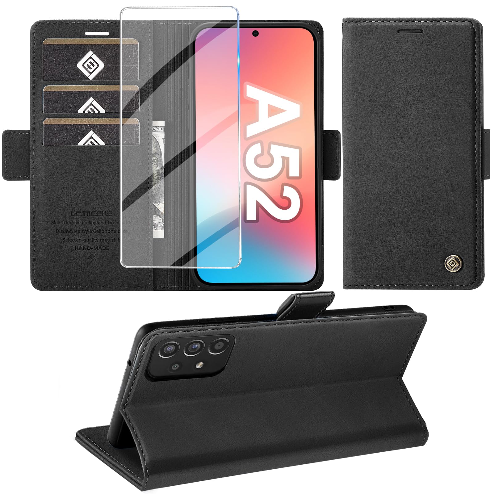 Giyer Handyhülle für Samsung Galaxy A52/A52S 4G 5G Hülle mit Schutzfolie, Standfunktion Kartenfach Wallet Premium Leder Schutzhülle A52S Flip Case Cover Stoßfeste Klapphülle (Black)