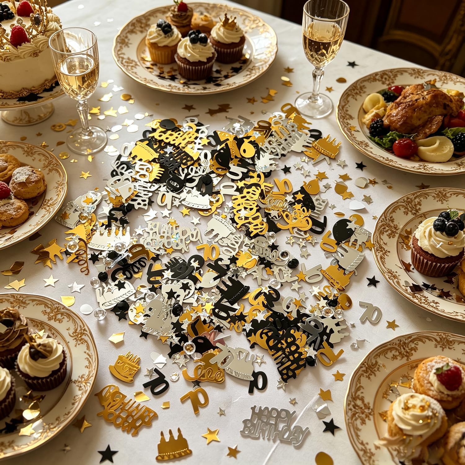 70th Birthday Confetti, 15g Gold Black and Silver Happy Birthday Decorations Confetti Metallic Foil Table Scatter Decorations for Seventy Birthday Party Decor for Men Women (70)