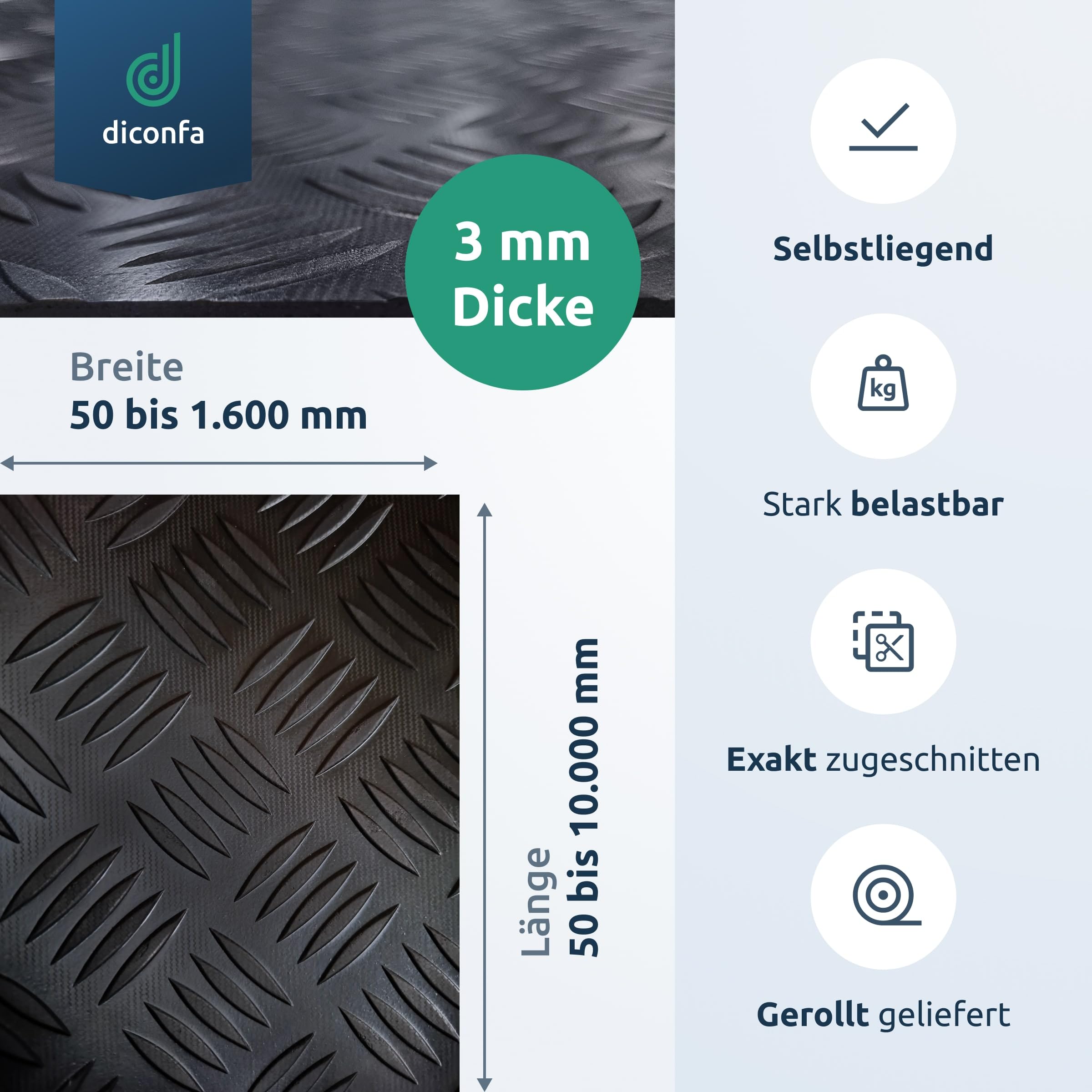 diconfa Gummi-Matte Hammerschlag-Matte 3mm stark - BREITE 0,05m bis 1,6m - LÄNGE 0,05m bis 10m - Auswahl 120 x 135cm (1200 x 1350mm) - UV-stabil geruchsarm rutschfest Riffelblechmatte Riffelmatte