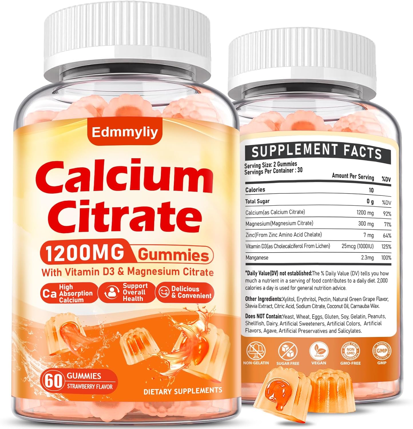 Calcium Citrate Supplement Gummies for Adult – Sugar Free Calcium Citrate 1200 Mg with Magnesium 300 Mg & Vitamin D3 – Organic Chewable Calcium Supplements for Women & Men